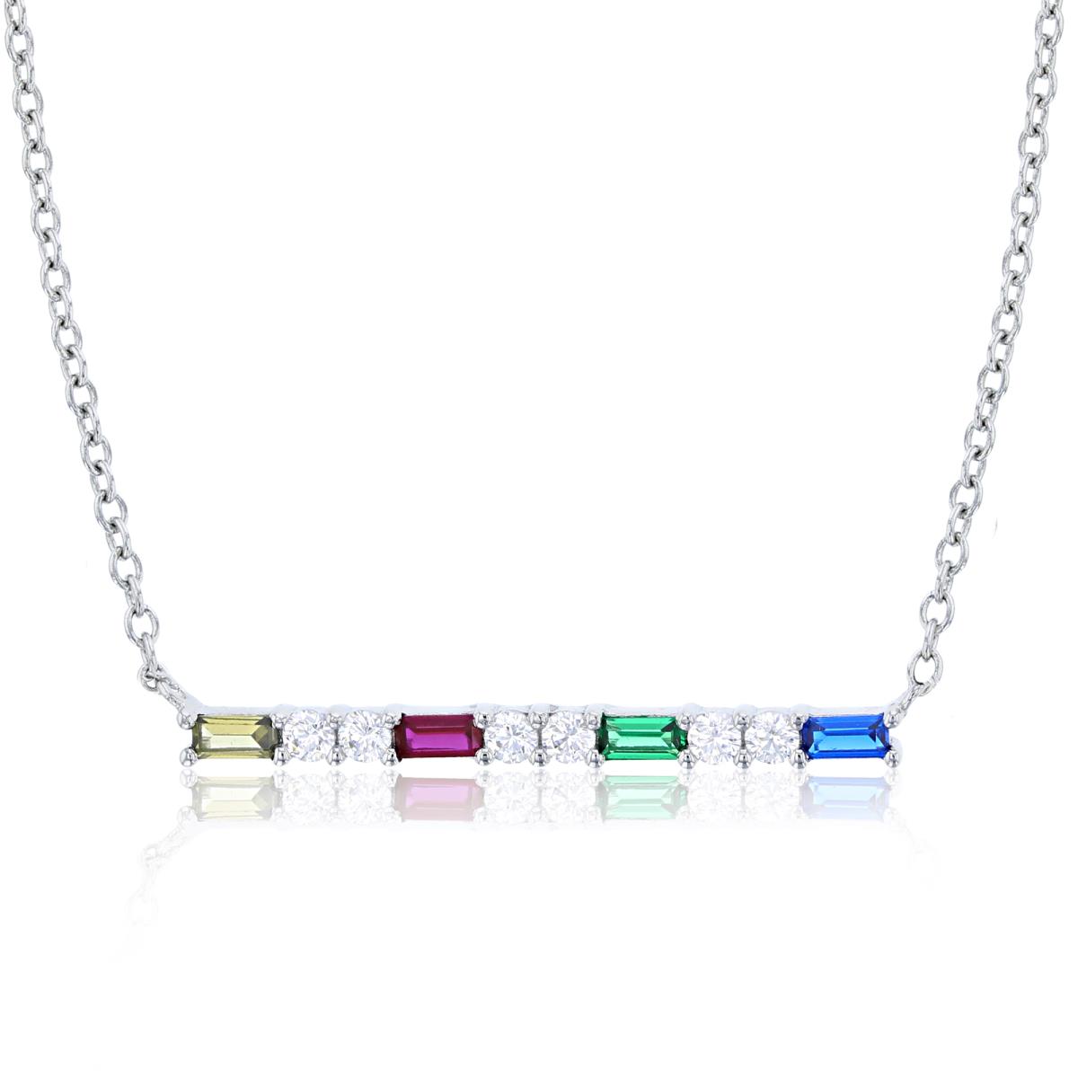 Sterling Silver Rhodium Round & Multi Color Bagutte CZ Bar 18" Necklace