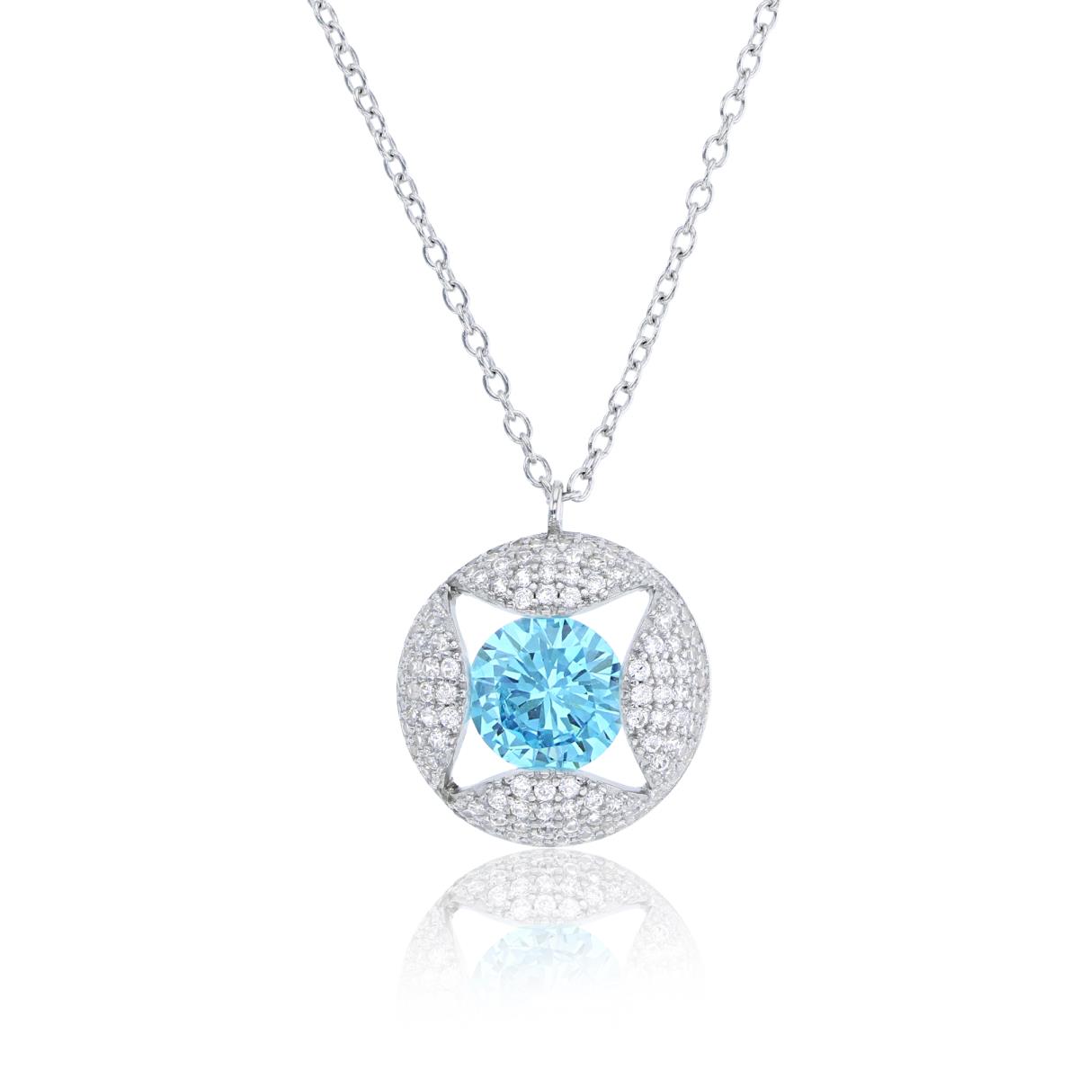 Sterling Silver Rhodium 8mm Middle Blue Round Cut CZ Half Ball 16"+2" Necklace