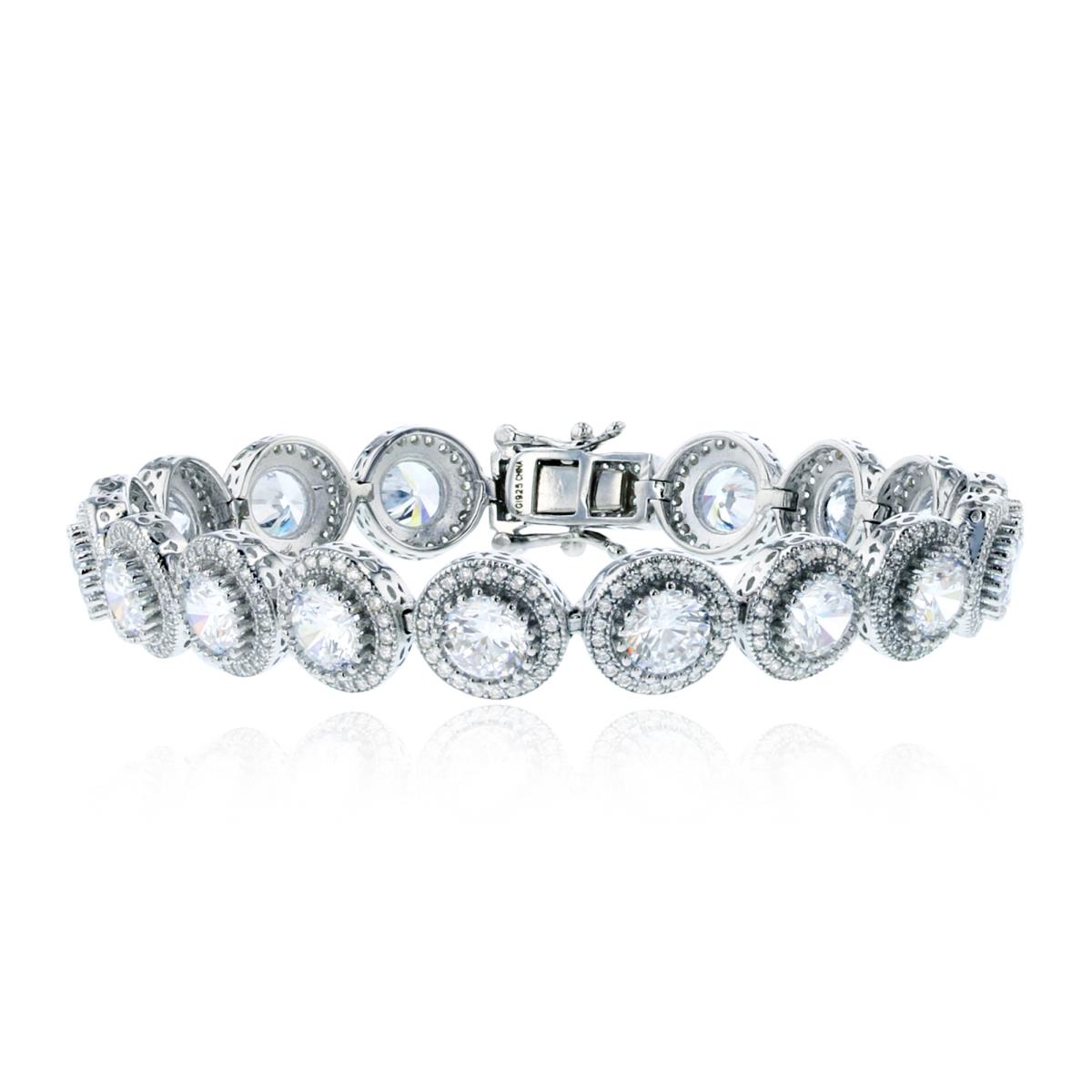 Sterling Silver Rhodium 5.5mm Rnd CZ Milgrain Halo Circle Linked 7.25"Bracelet
