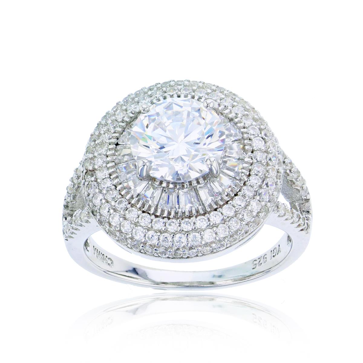 Sterling Silver Rhodium 8mm Rnd & TB CZ Micropaved Milgrain Engagement Ring