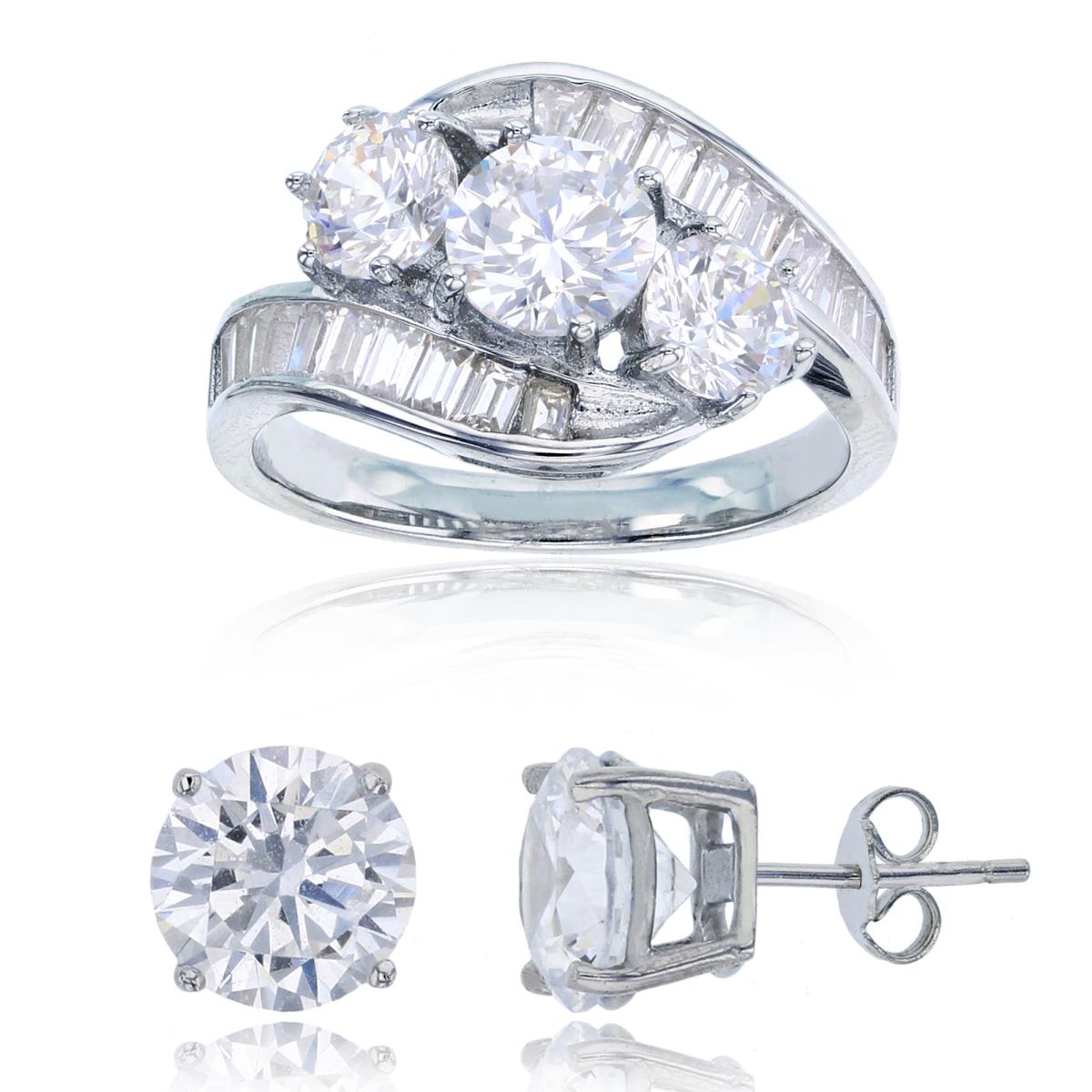 Sterling Silver Rhodium CZ SB/TB/Rnd 3-Stones Center Ring & 8mm Rd Solitaire Stud Earring Set