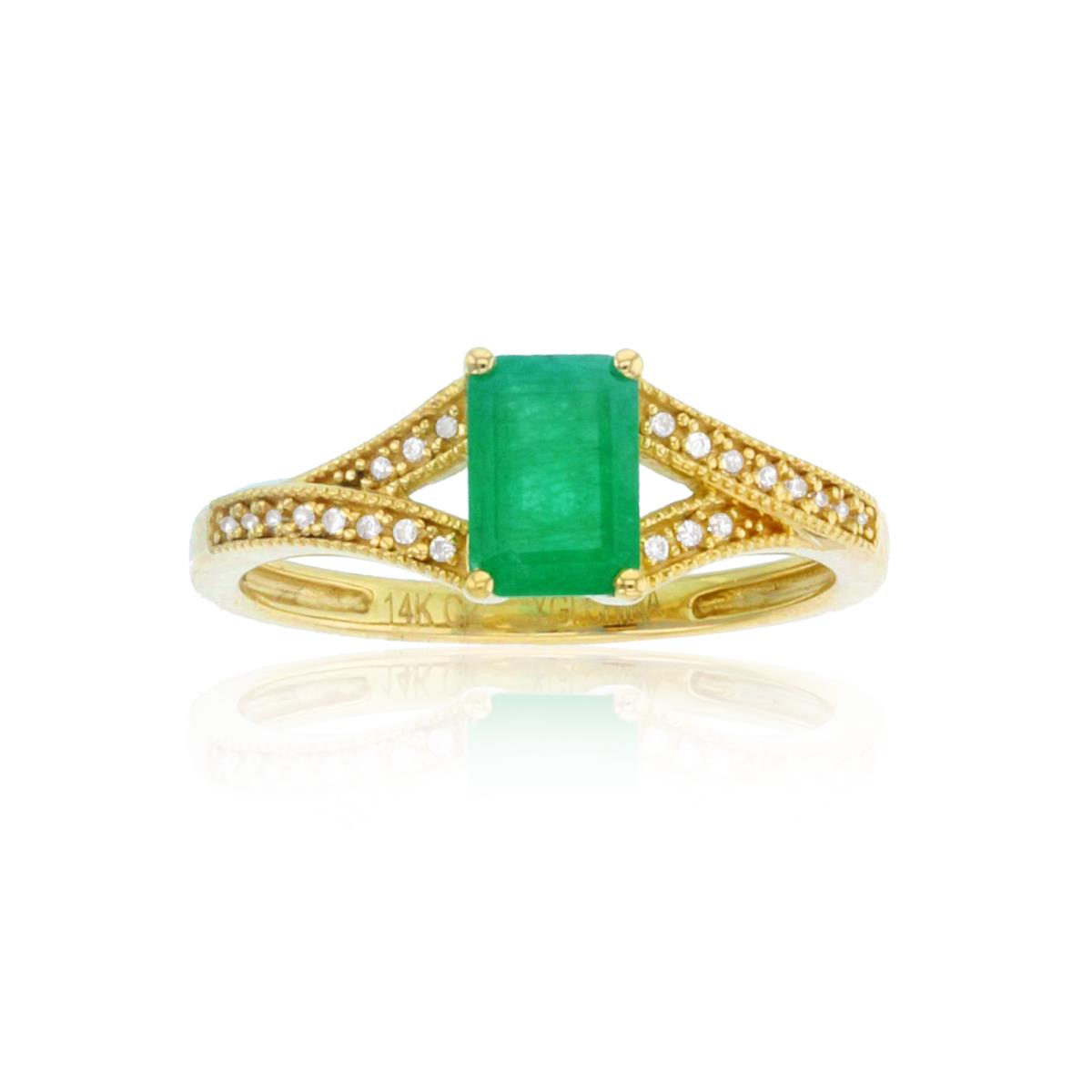 14K Yellow Gold Rnd CZ & 7x5mm Oct Emerald Milgrain Ring