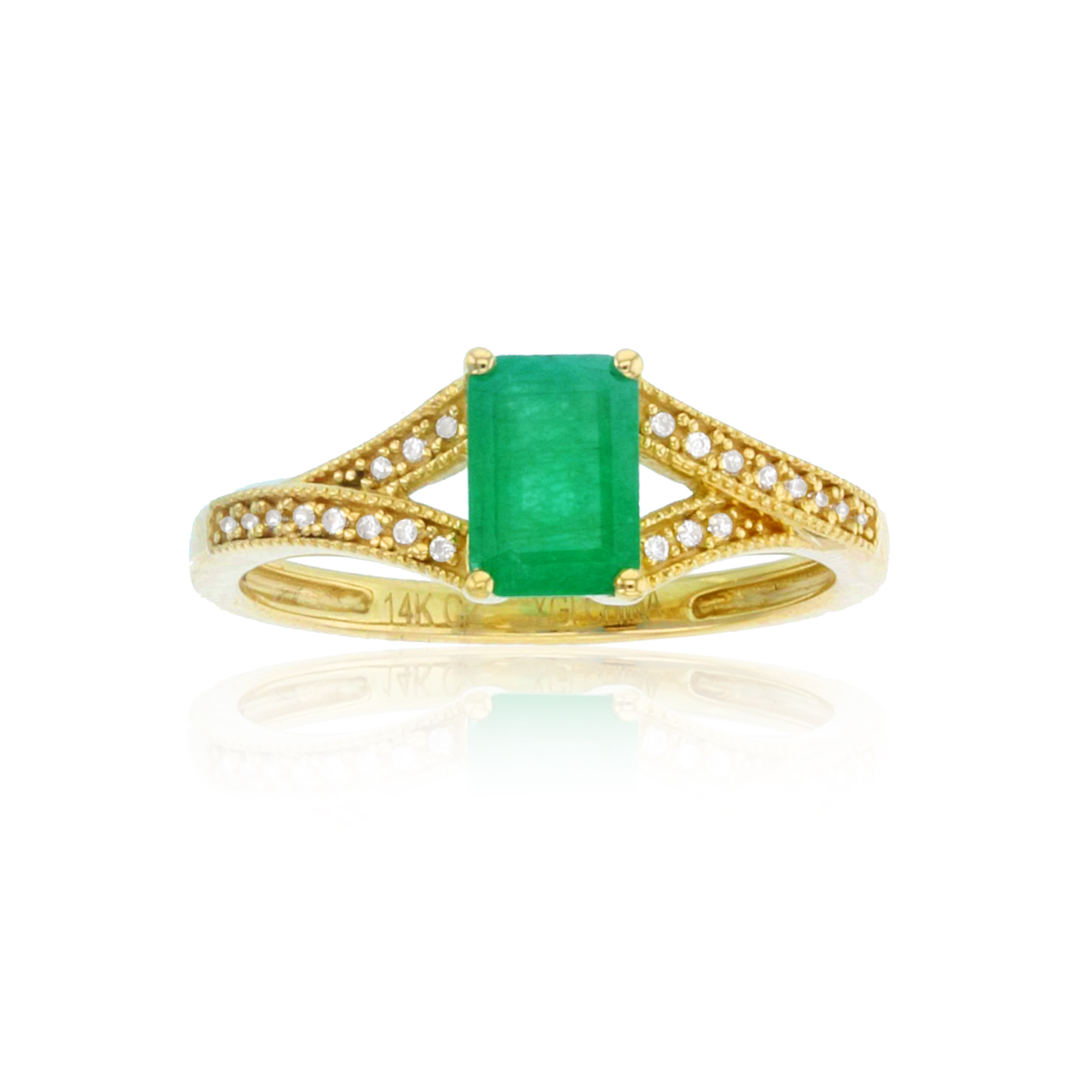 14K Yellow Gold 0.07 CTTW Rnd Diam & 7x5mm Oct Emerald Milgrain Ring