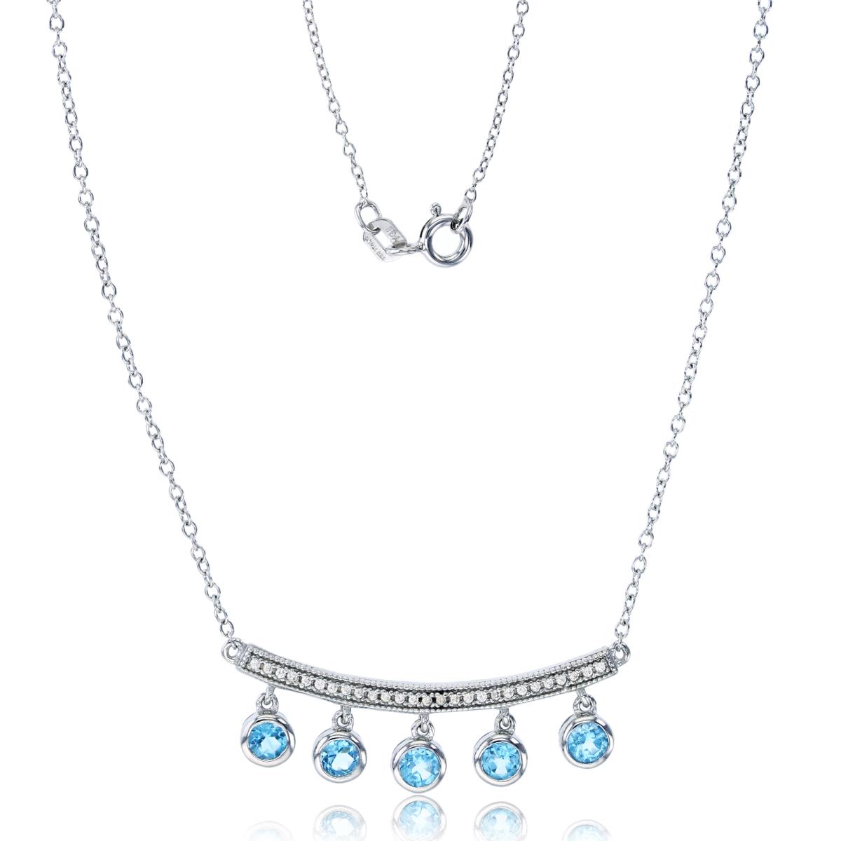 10K White Gold & 0.08 CTTW Rd Diamond & Rd Swiss Blue Topaz Dangling on Horizontal Bar Necklace