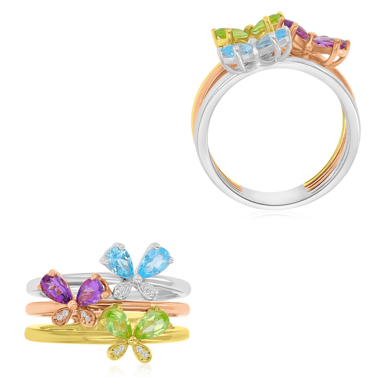Sterling Silver 1Micron 14K Tricolor Plating Rnd CZ & PS Multicolor Flowers Open Rows Ring