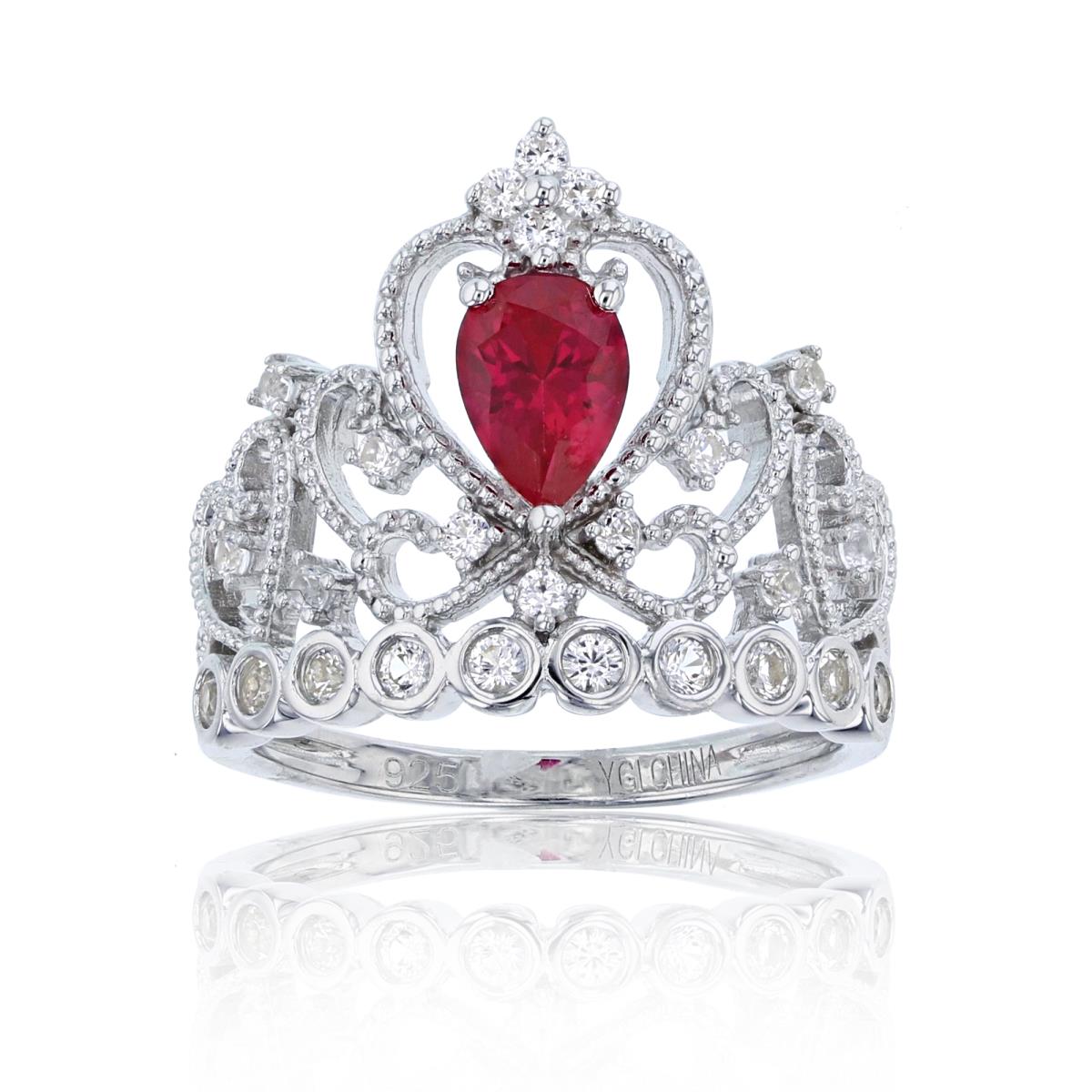 Sterling Silver Rhodium PS Cr. Ruby & Cr. White Sapphire Bezel/Milgrain Crown Ring