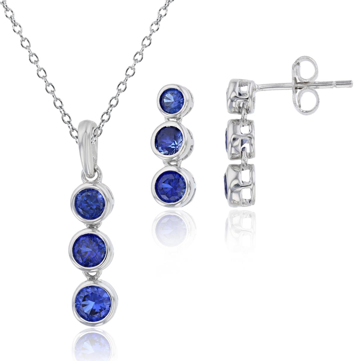 Sterling Silver Rhodium Rnd Cr. Blue Sapphire 3-Split Bezel Circles Pendant & Earring Set