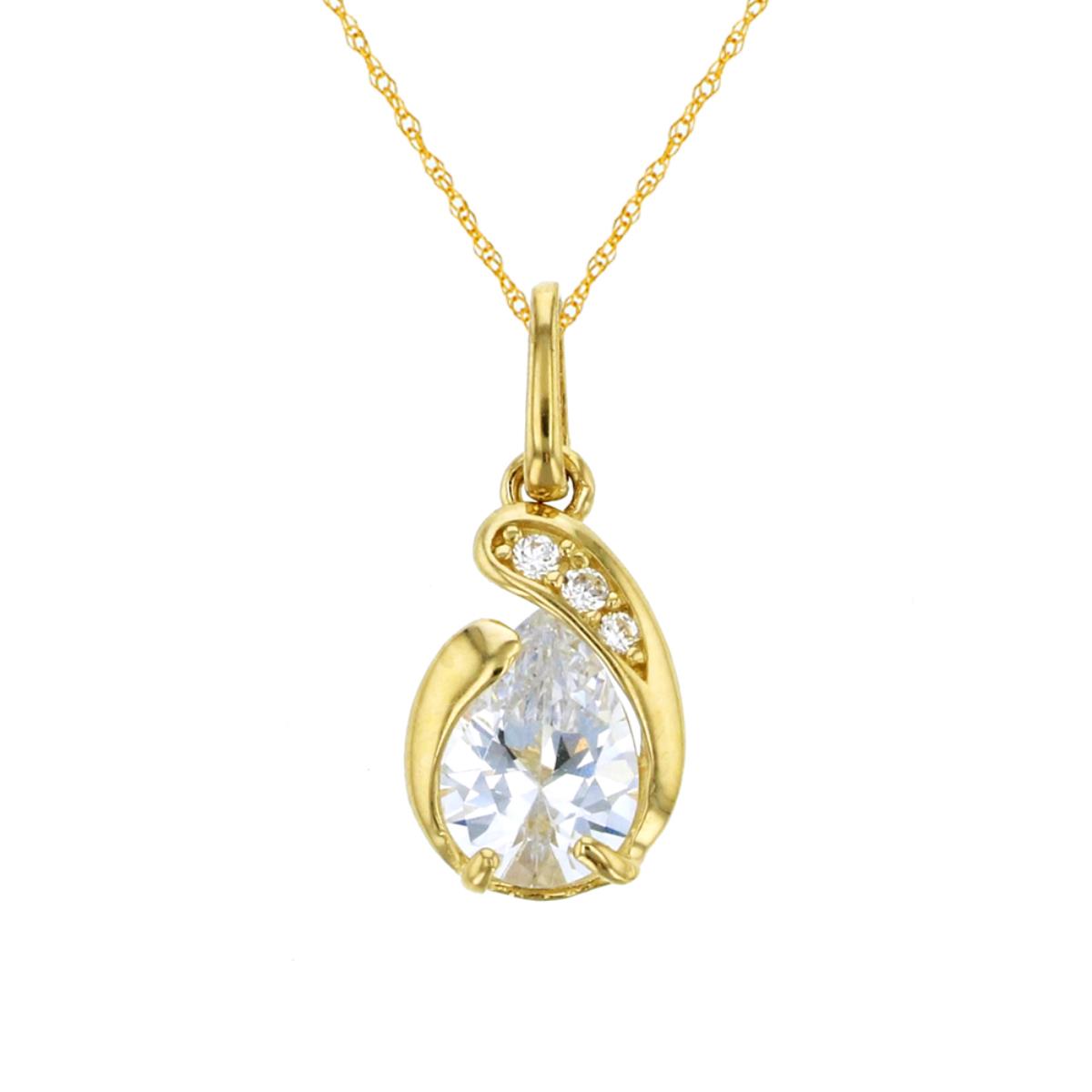 14K Yellow Gold 7x5mm Pear Cut CZ Dangling 18" Rope Chain Necklace