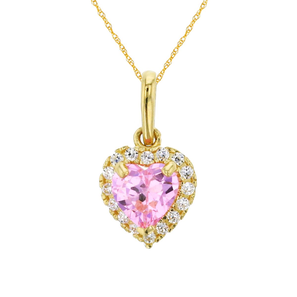14K Yellow Gold 5mm Heart Cut Pink & CZ Halo Dangling 18" Rope Chain Necklace