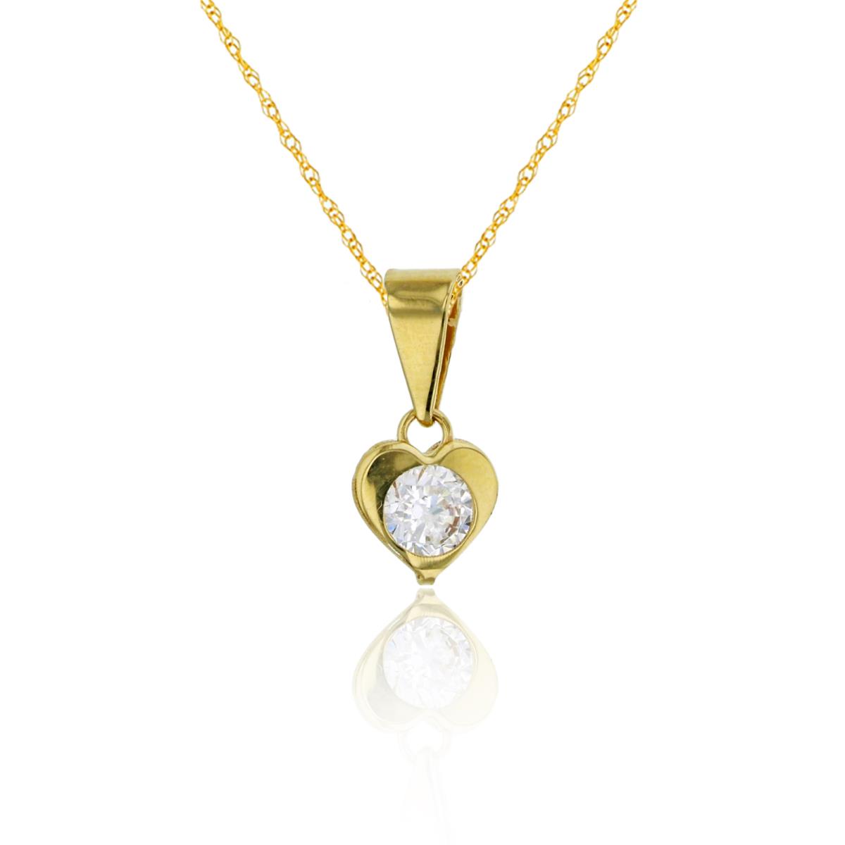 14K Yellow Gold Solitaire Rd Cut 13x6 Polished Petite Heart 18" Rope Chain Necklace