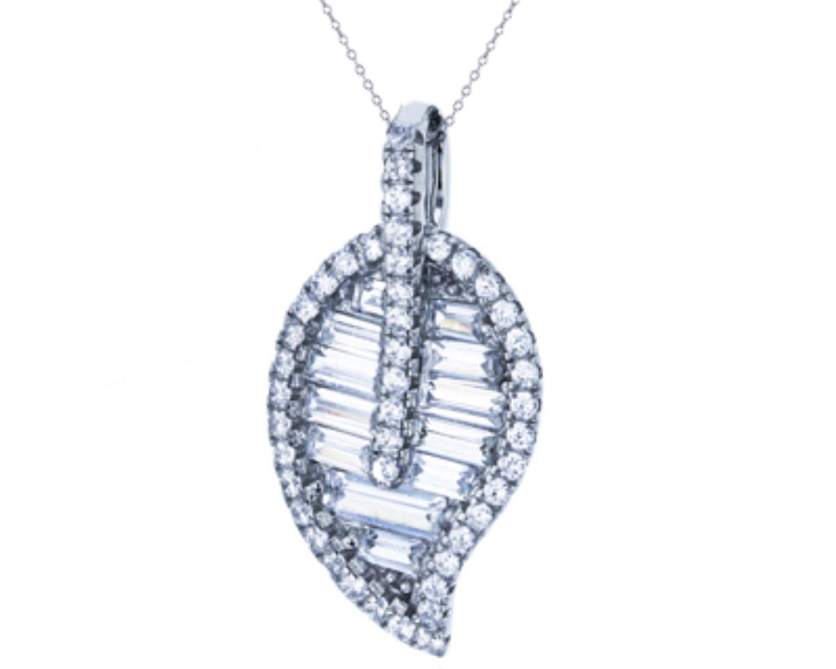 Sterling Silver Rhodium Micropave Round and Baguette Leaf 18" Necklace