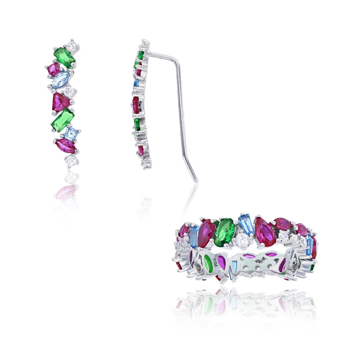 Sterling Silver Rhodium Multi Color Multi Cut CZ Scattered Eternity Ring & Ear Crawler Set