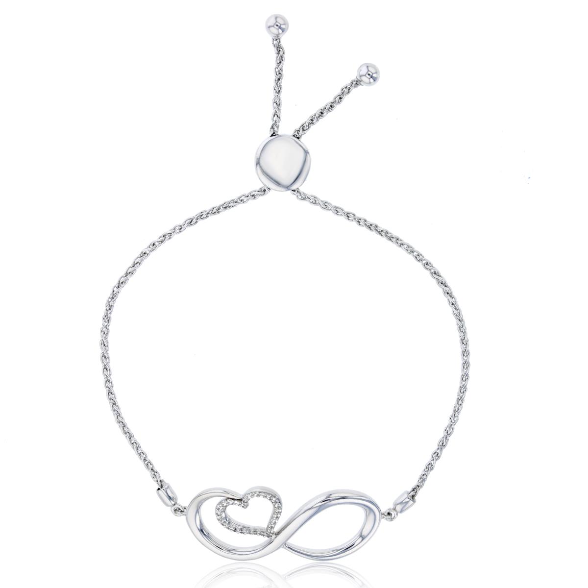 Sterling Silver Rhodium Rnd Cr. White Sapphire Heart/Infinity Adjustable Bolo Bracelet