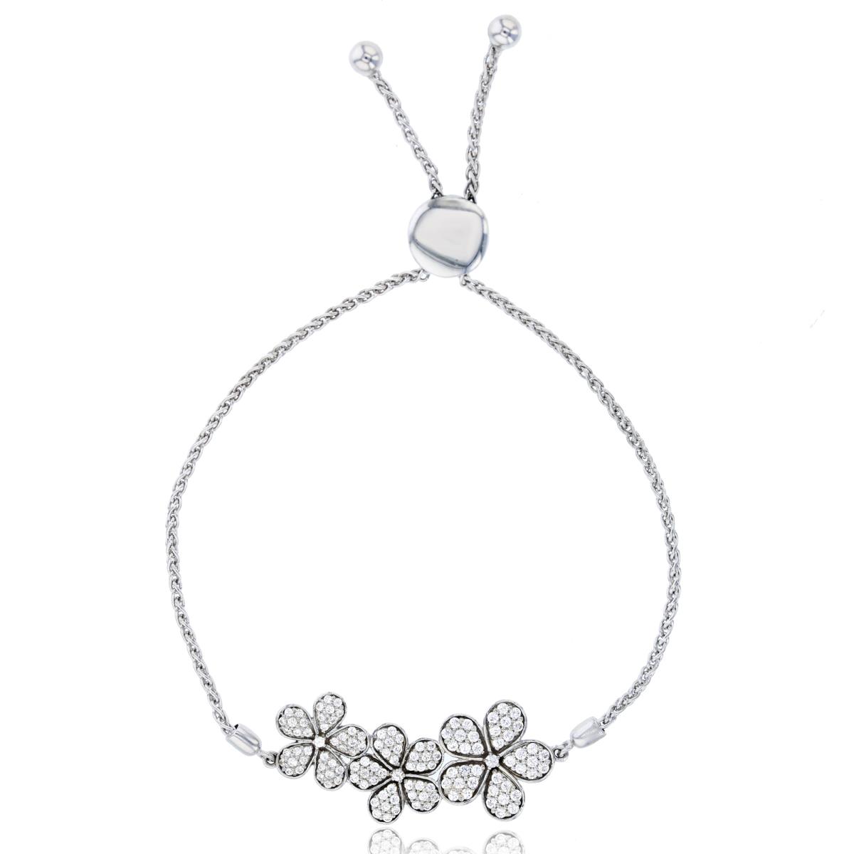 Sterling Silver Rhodium Rnd Cr White Sapphire Micropave 3-Split Flowers Adjustable Bolo Bracelet