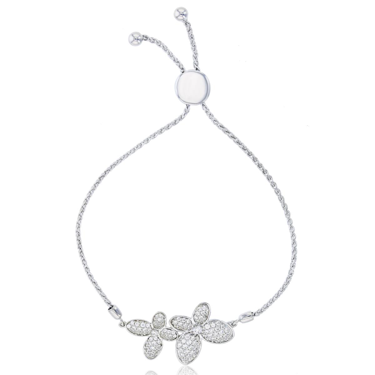 Sterling Silver Rhodium Rnd Cr White Sapphire Flowers Adjustable Bolo Bracelet