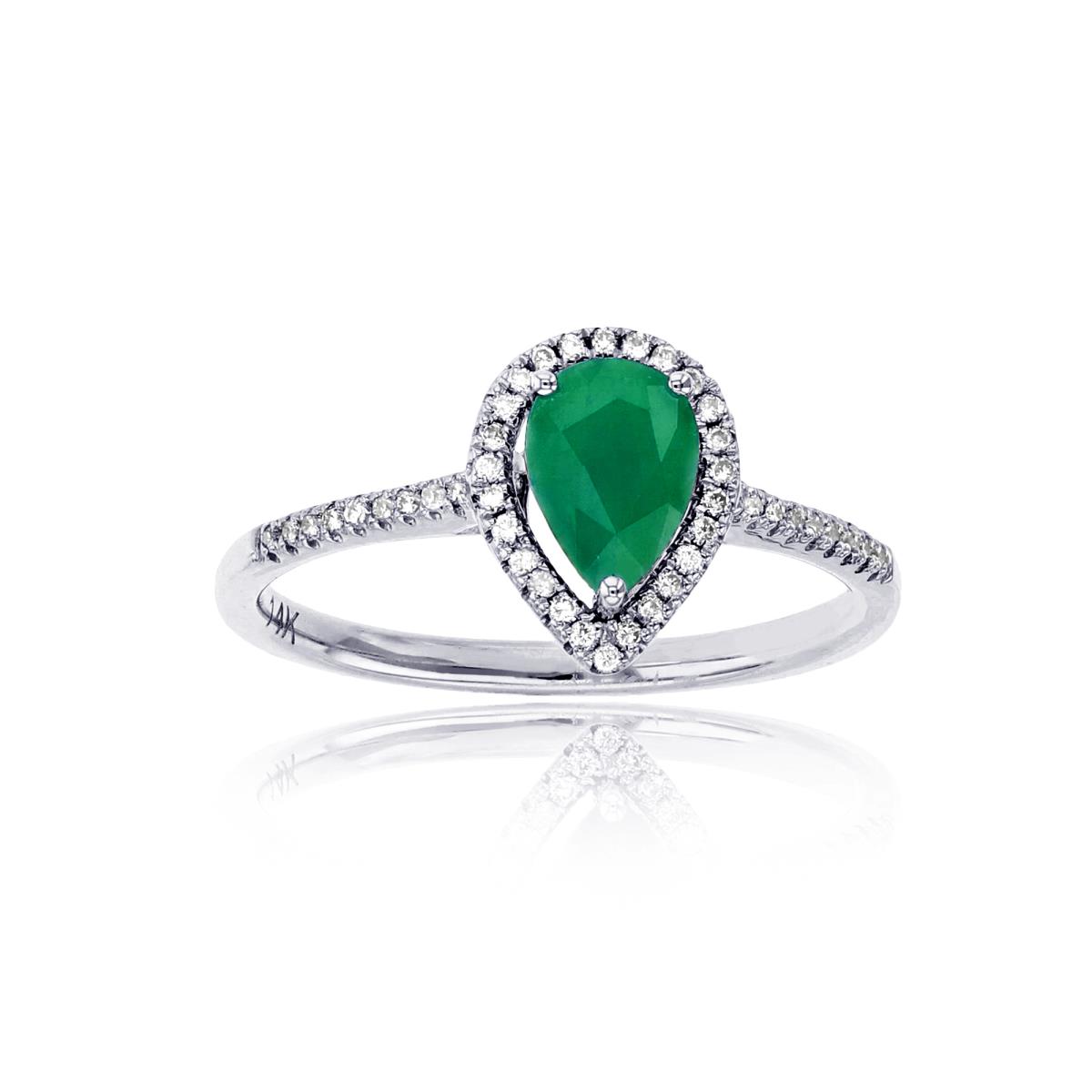 14K White Gold 0.14  CTTW Rnd Diam & 7x5mm PS Emerald Halo Ring