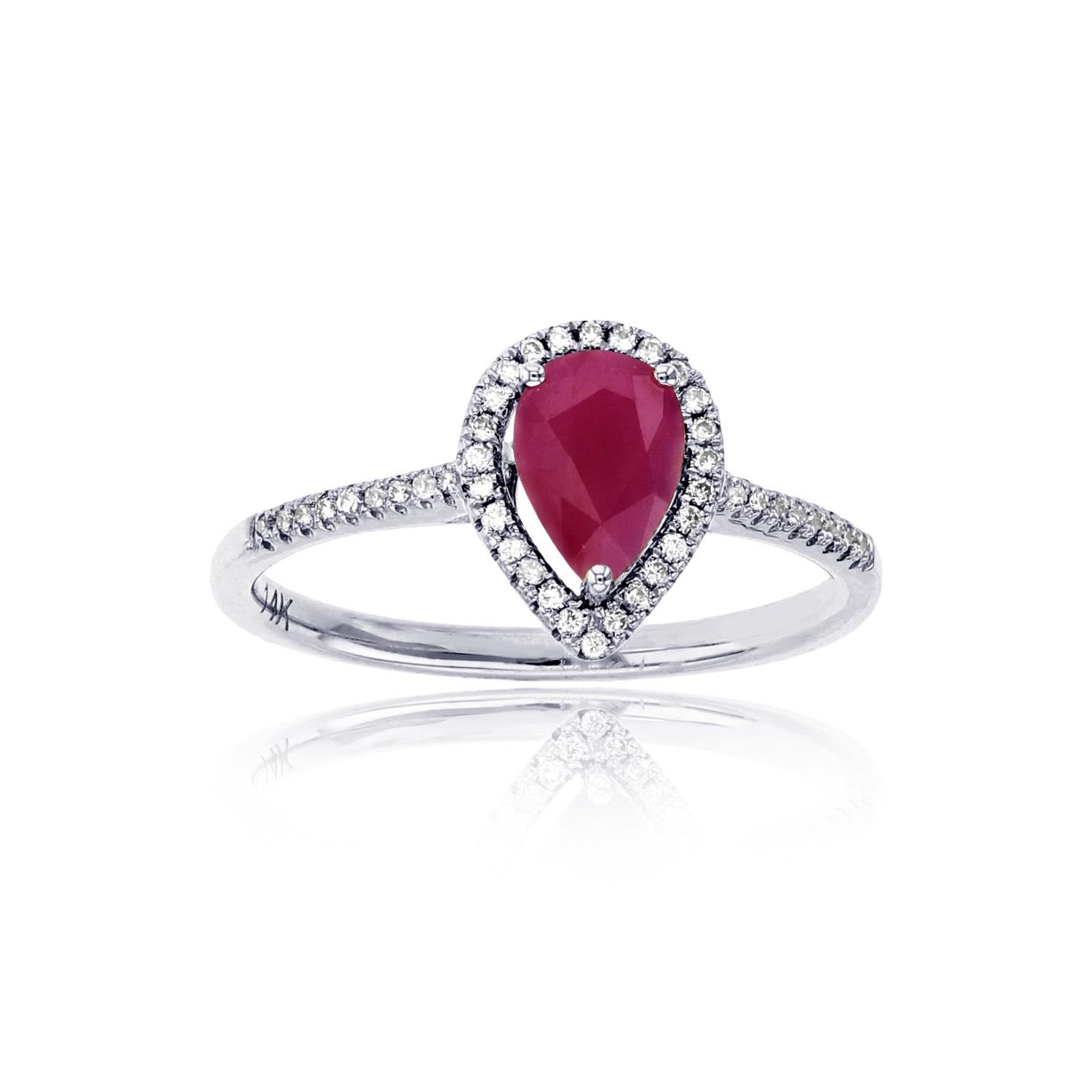 14K White Gold 0.14  CTTW Rnd Diam & 7x5mm PS Ruby Halo Ring