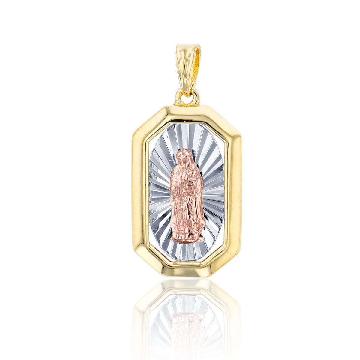 14K Tricolor Gold Virgin Mary DC Background Octagon Pendant