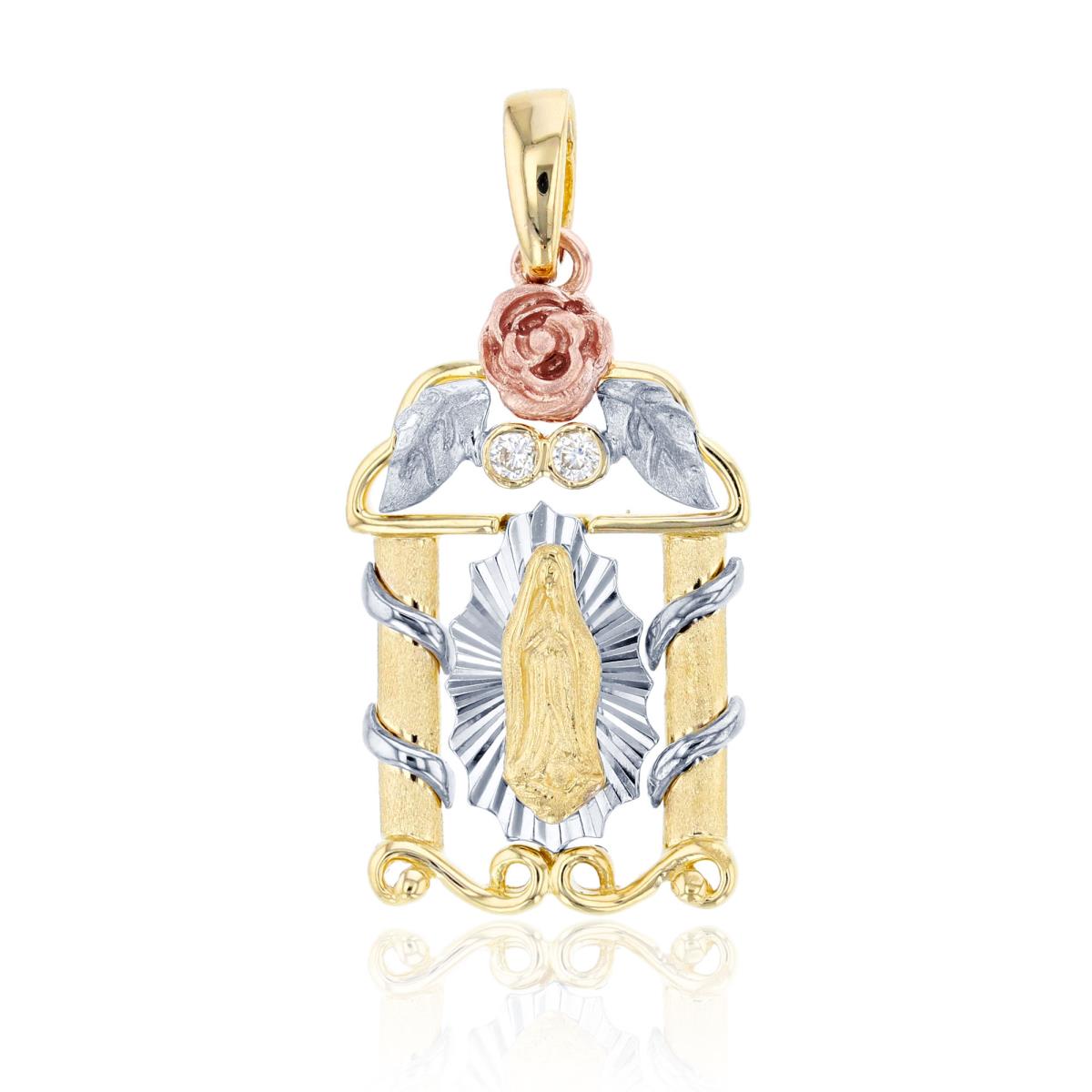 14K Tri-Color Gold Textured Virgin Mary Rose House Pendant