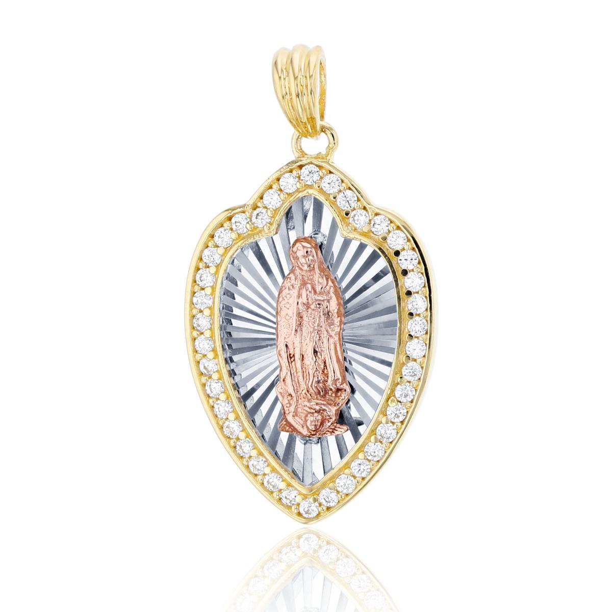14K Tri-Color Gold DC Virgin Mary CZ Frame Feather Pendant