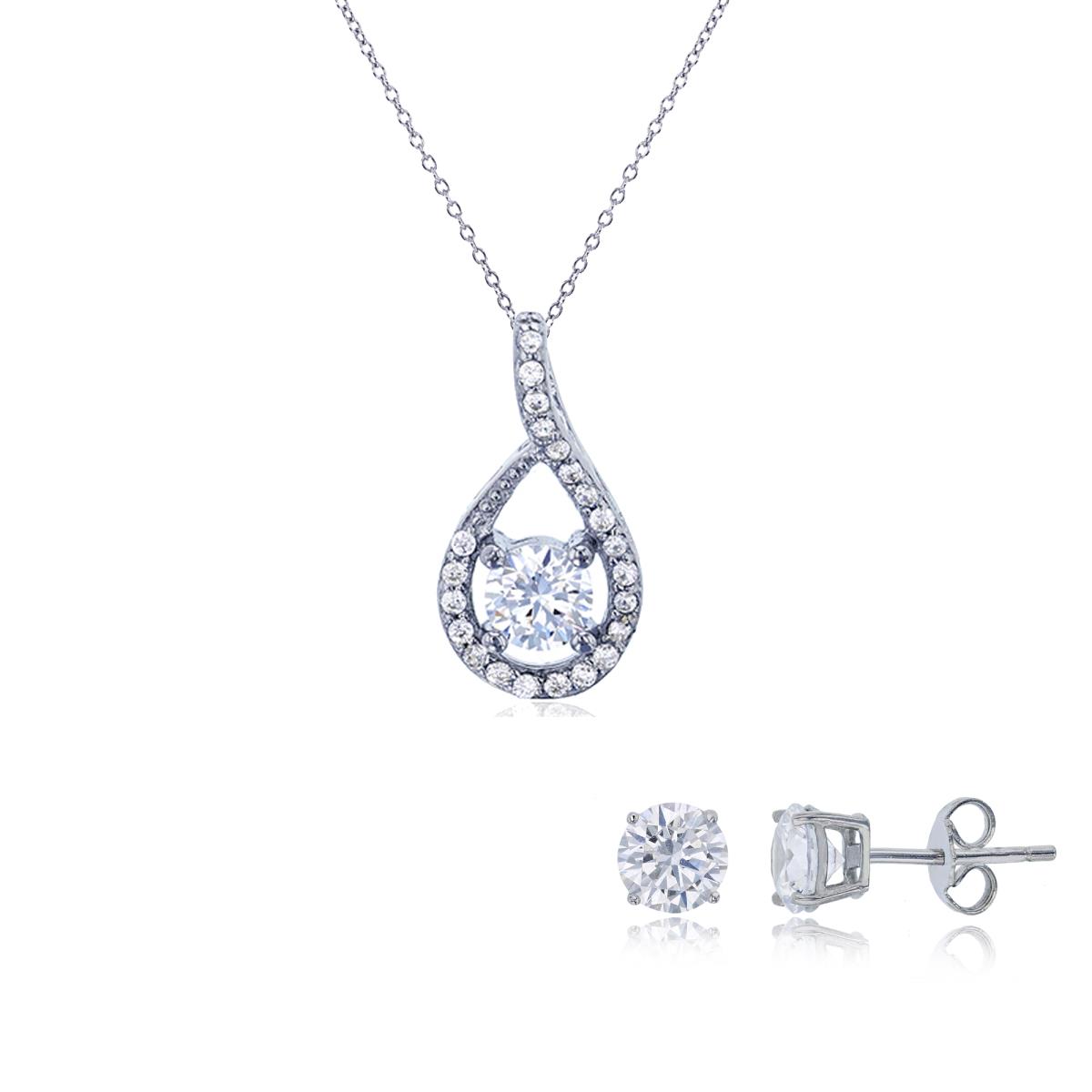 Sterling Silver Rhodium 5mm Round CZ Tear Drop 18" Necklace & 6mm Rd Solitaire Stud Earring Set