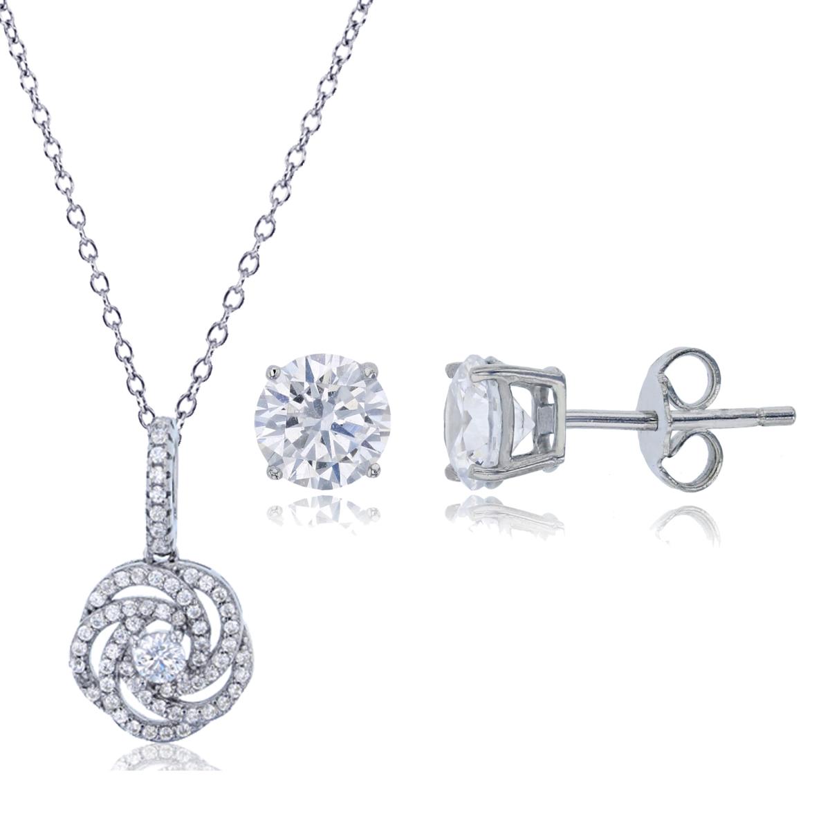 Sterling Silver Rhodium Micropave 3.25 Round Cut Knot 18" Necklace & 6mm Rd Solitaire Stud Earring Set