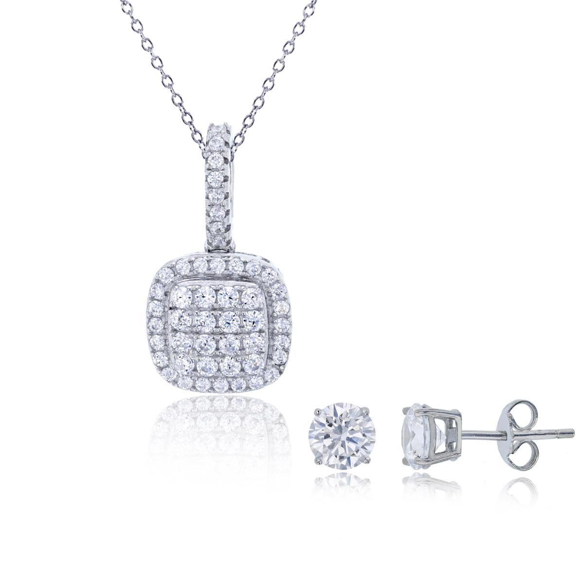 Sterling Silver Rhodium Round CZ Cushion 18" Necklace & 6mm Rd Solitaire Stud Earring Set