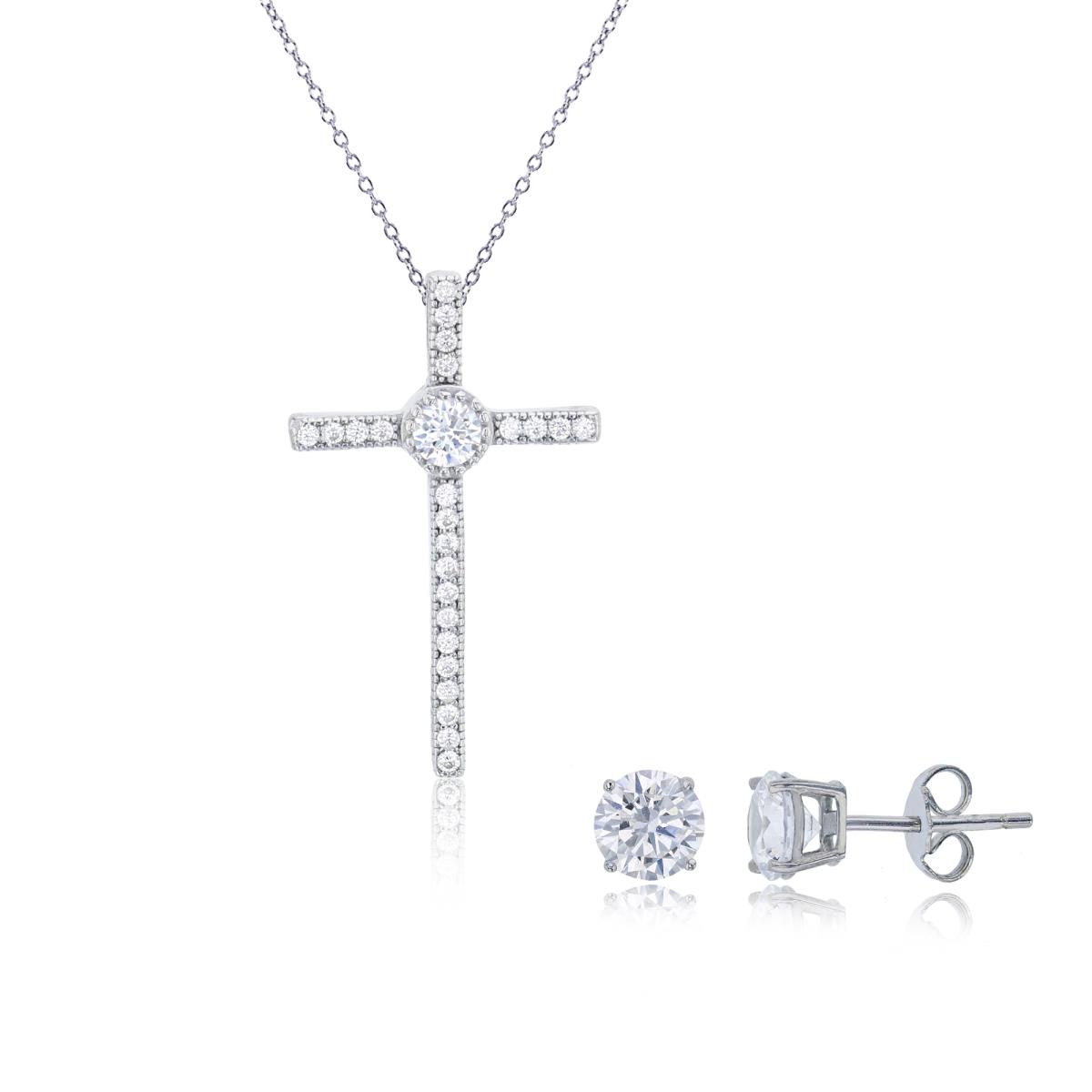 Sterling Silver Rhodium CZ Cross 18" Necklace & 6mm Rd Solitaire Stud Earring Set