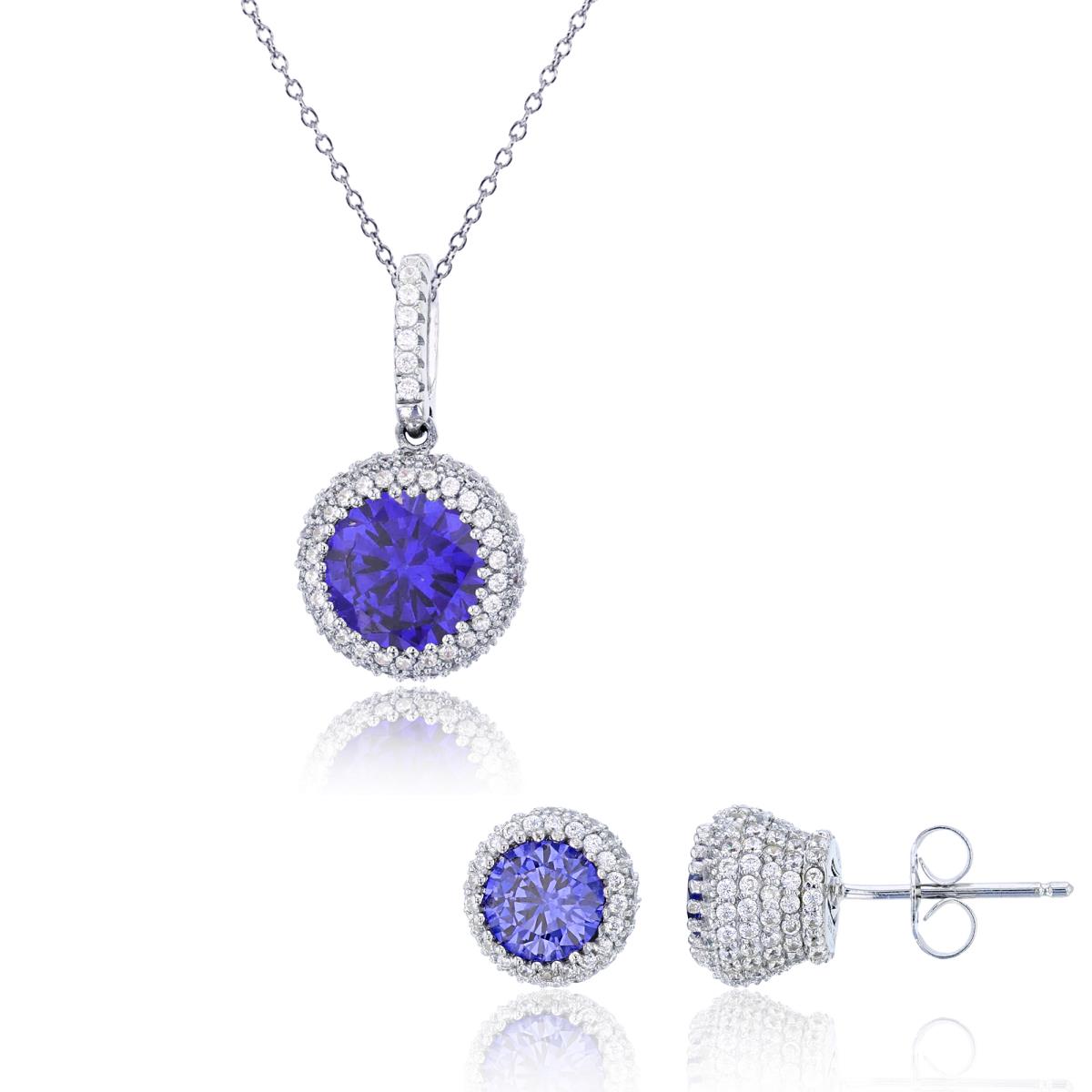 Sterling Silver Rhodium 8mm Rd Tanzanite & White CZ Micropave 18" Necklace & Stud Earrings Set