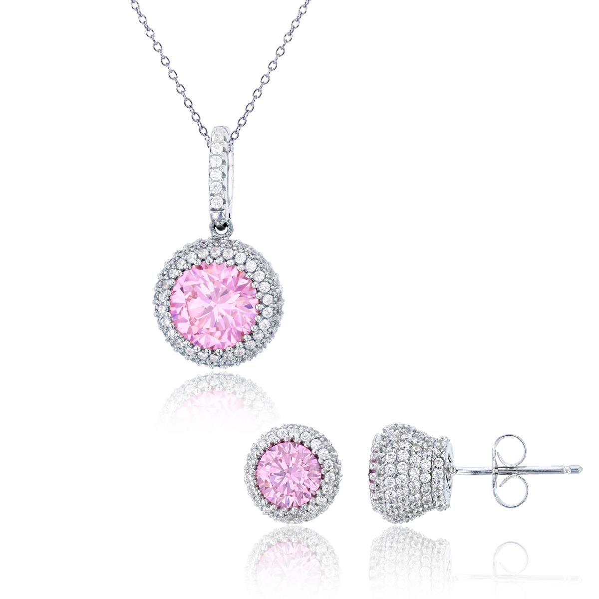 Sterling Silver Rhodium 8mm Rd Pink & White CZ Micropave 18" Necklace & Stud Earrings Set