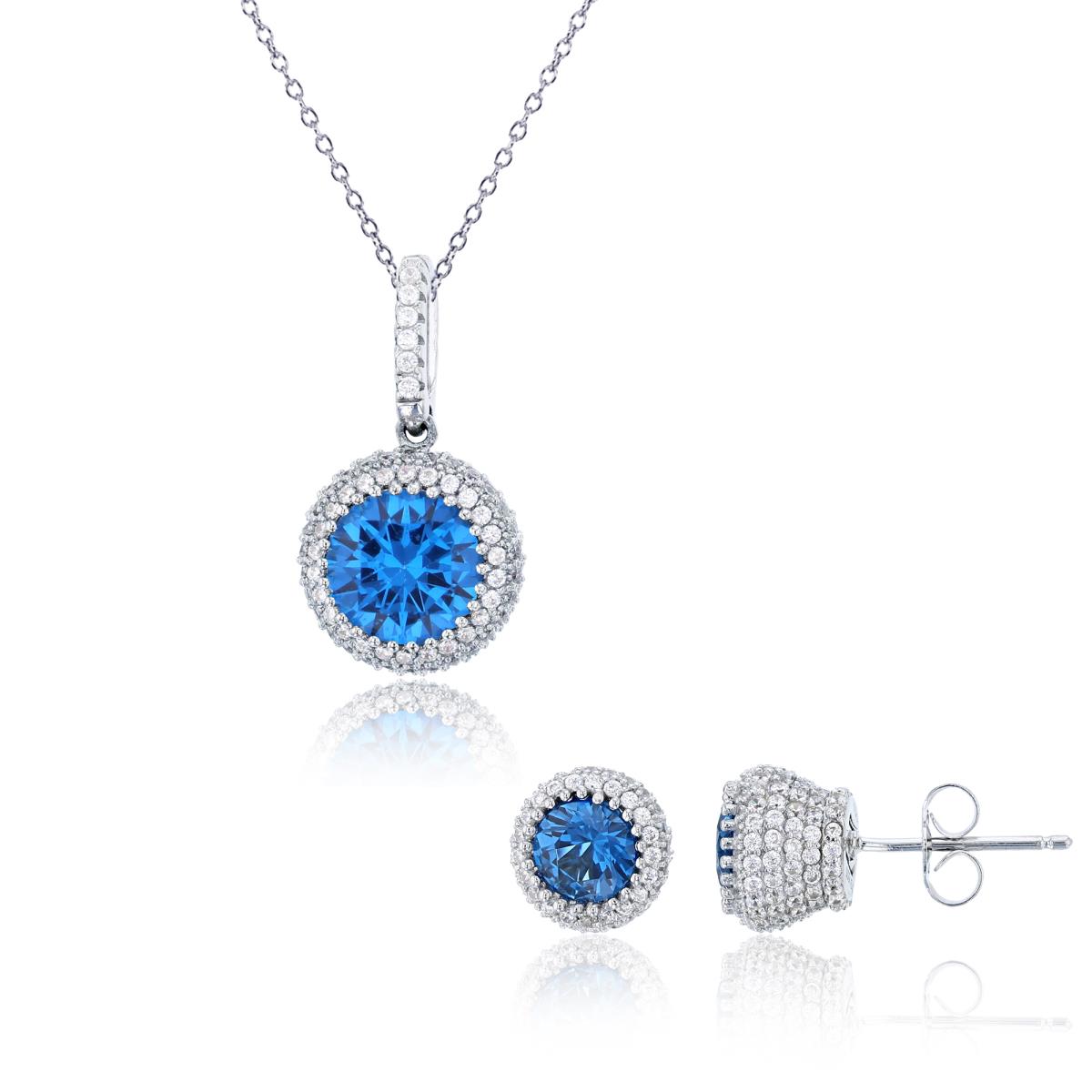 Sterling Silver Rhodium 8mm Rd #119 Blue & White CZ Micropave 18" Necklace & Stud Earrings Set