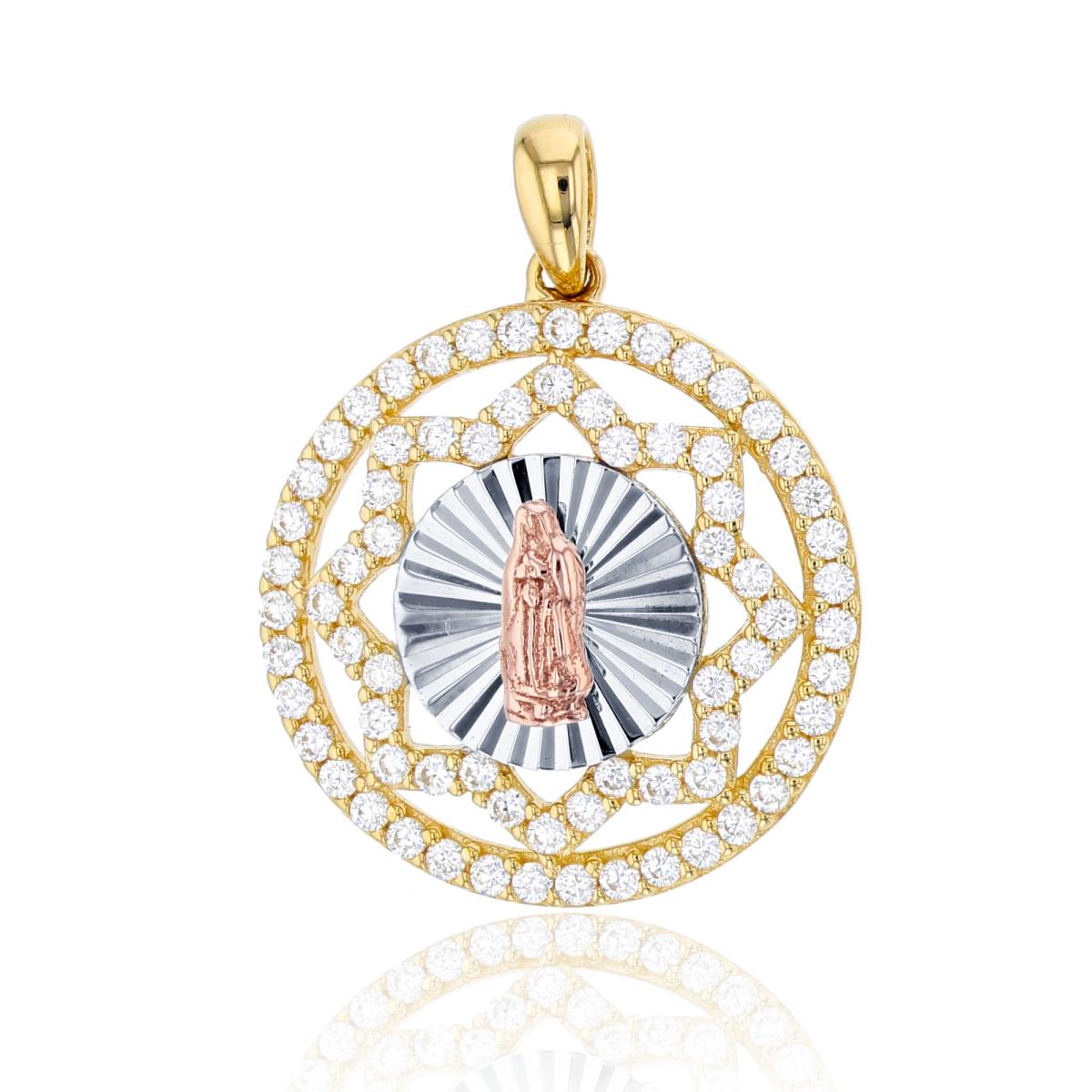 14K Tri-Color Gold DC Virgin Mary 25x19mm CZ Round Sunflower Pendant