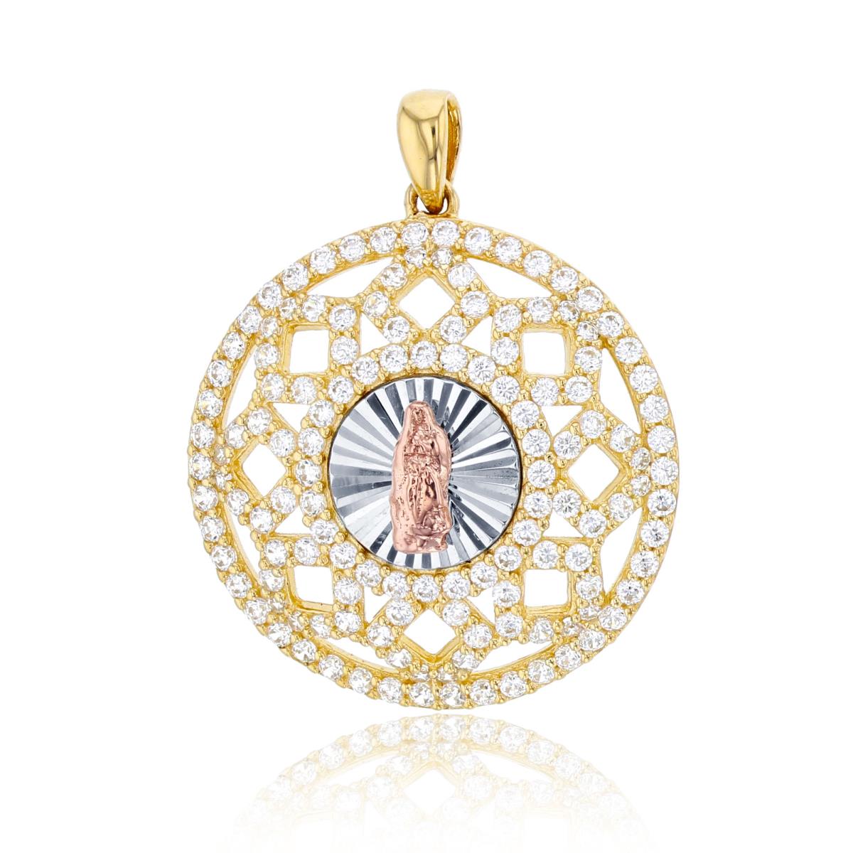 14K Tri-Color Gold DC Virgin Mary 29x23mm CZ Round Sunflower Pendant