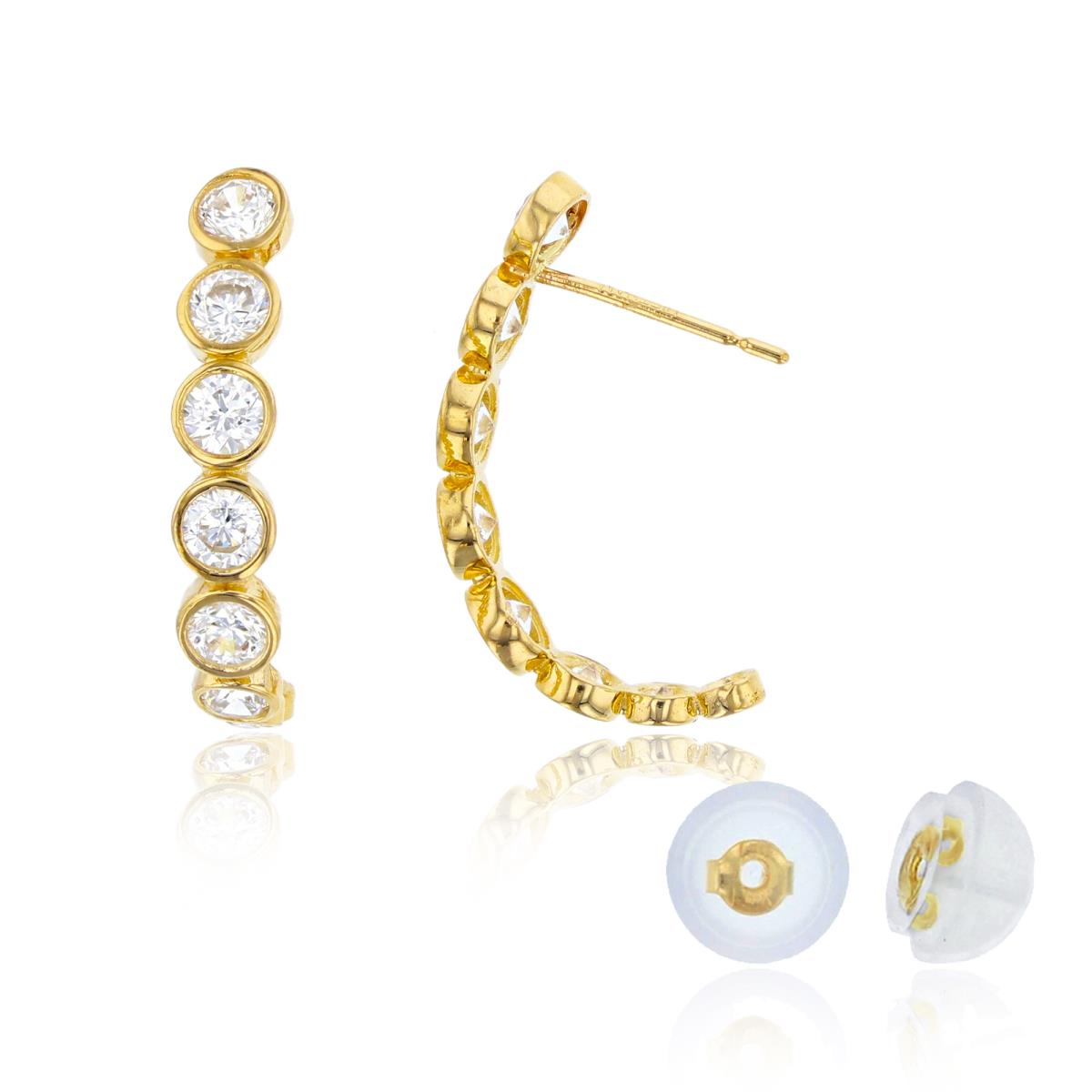 10K Yellow Gold Yellow Rnd CZ Graduated Bezel Row J-Hoop Earring with Silicon Backs