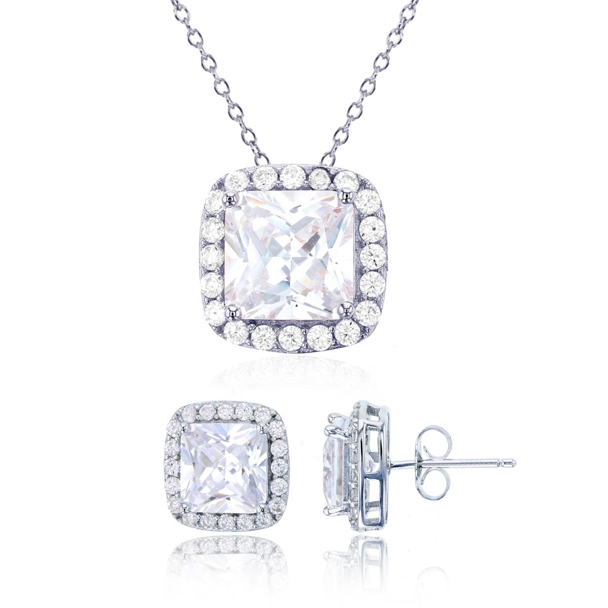 Sterling Silver Rhodium 8mm Cushion CZ Halo 18" Necklace & Stud Earring Set