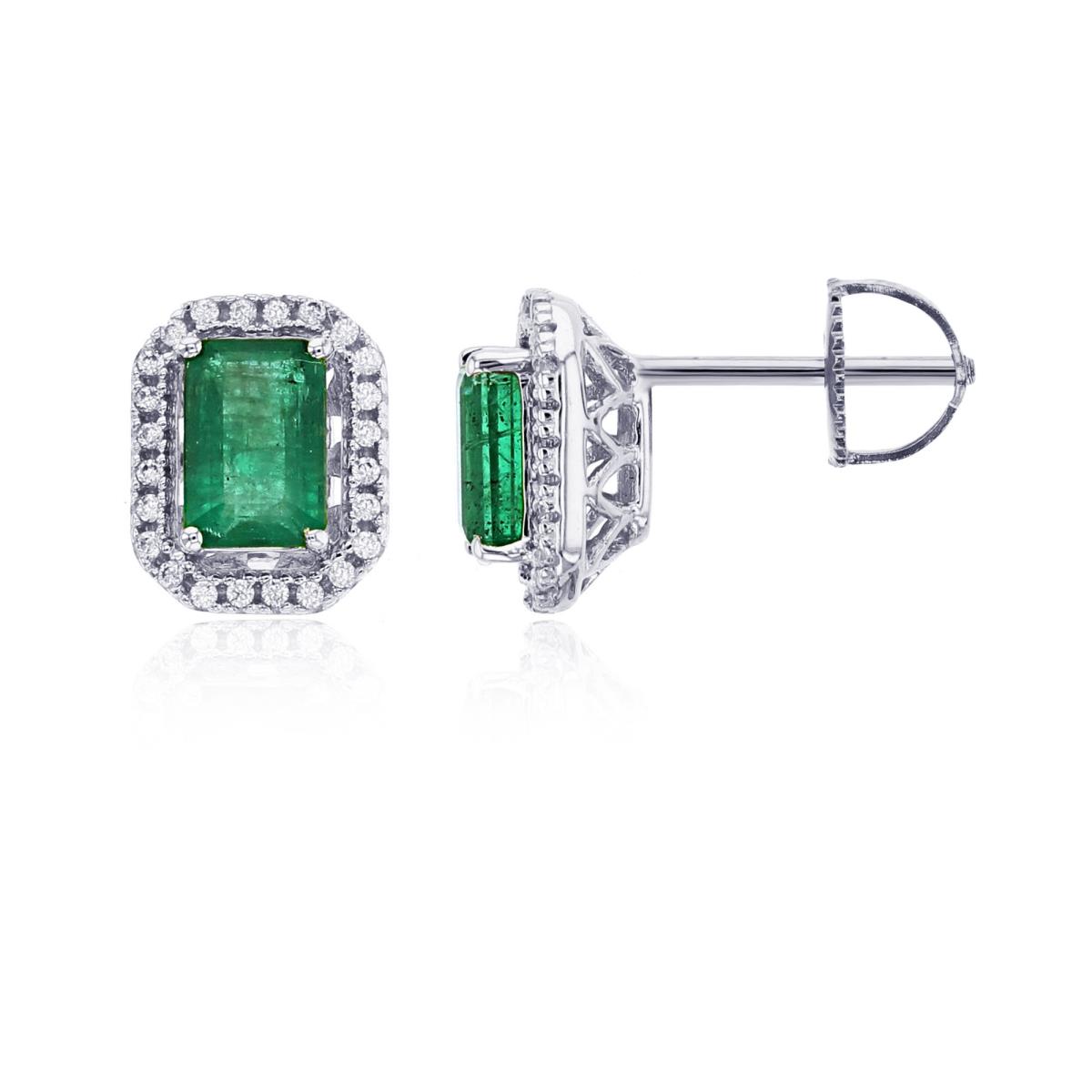 14K White Gold 0.15 CTTW Rnd Diamonds & 6x4mm EC Emerald Cush Halo Stud Earring