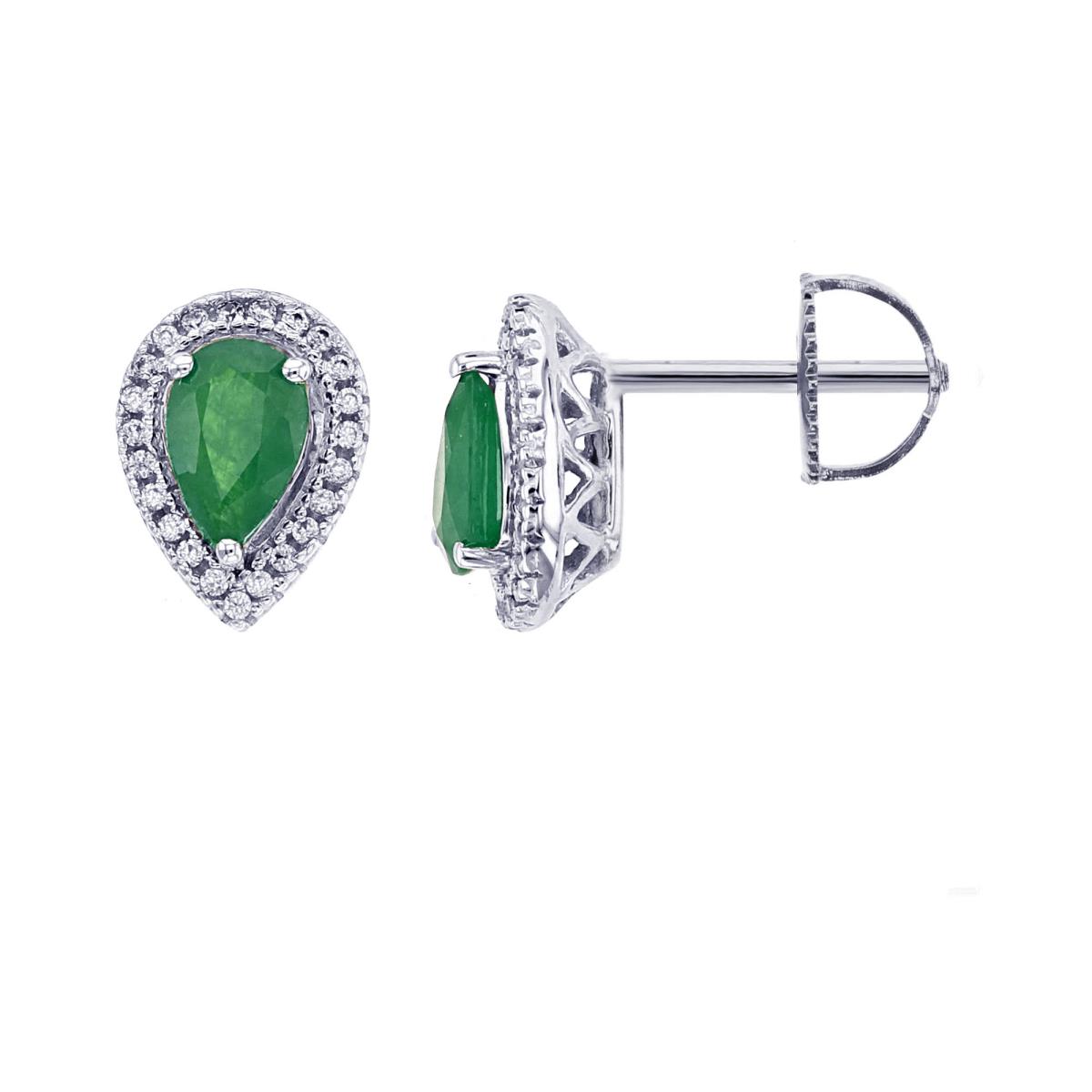 14K White Gold 0.14 CTTW Rnd Diamonds & 6x4mm PS Emerald Halo Stud Earring