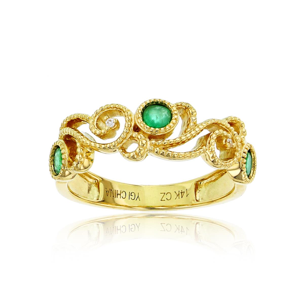 14K Yellow Gold Rnd CZ & 3mm Rnd Emerald Milgrain Bezel Ring