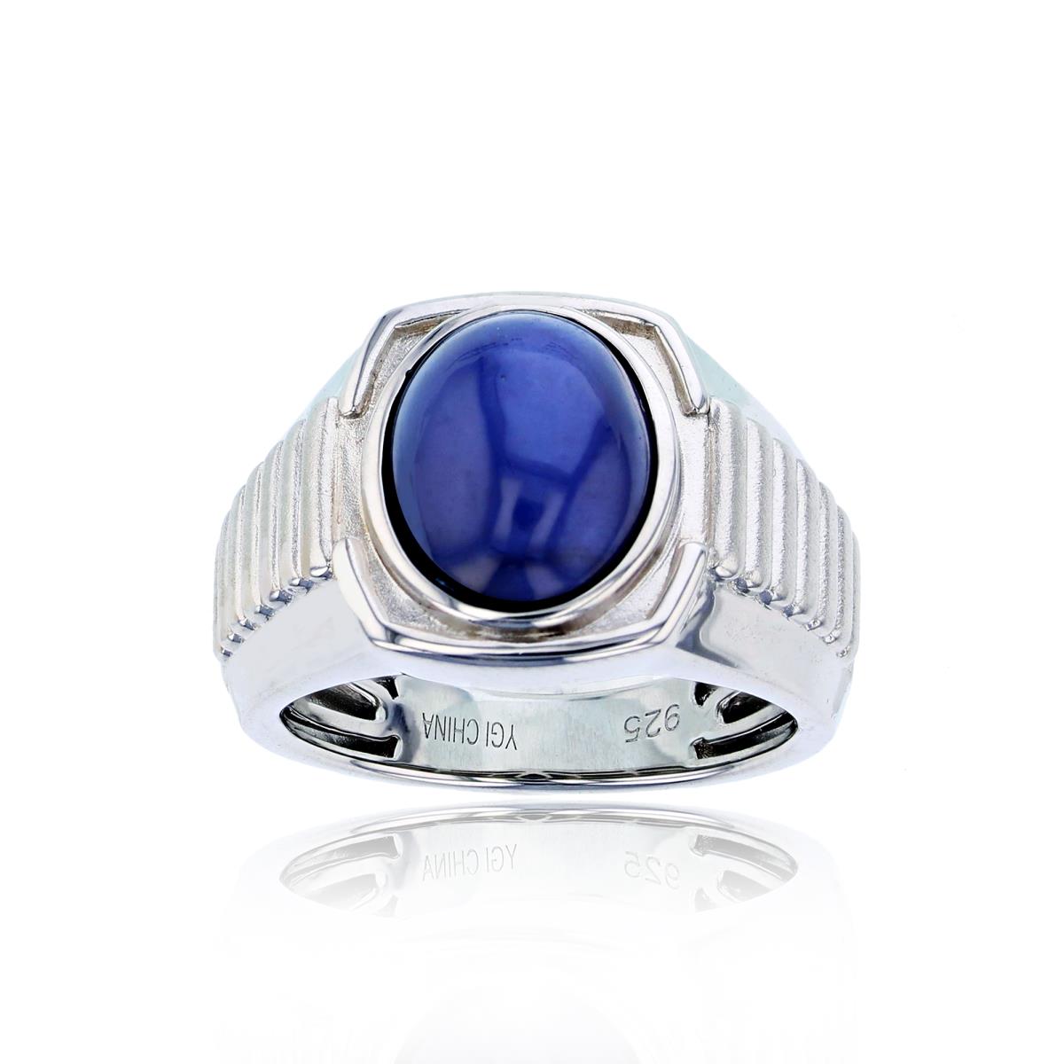 Sterling Silver Rhodium 12x10mm Ov Cr. Blue Star Sapphire Satin Bezel Textured Men's Ring