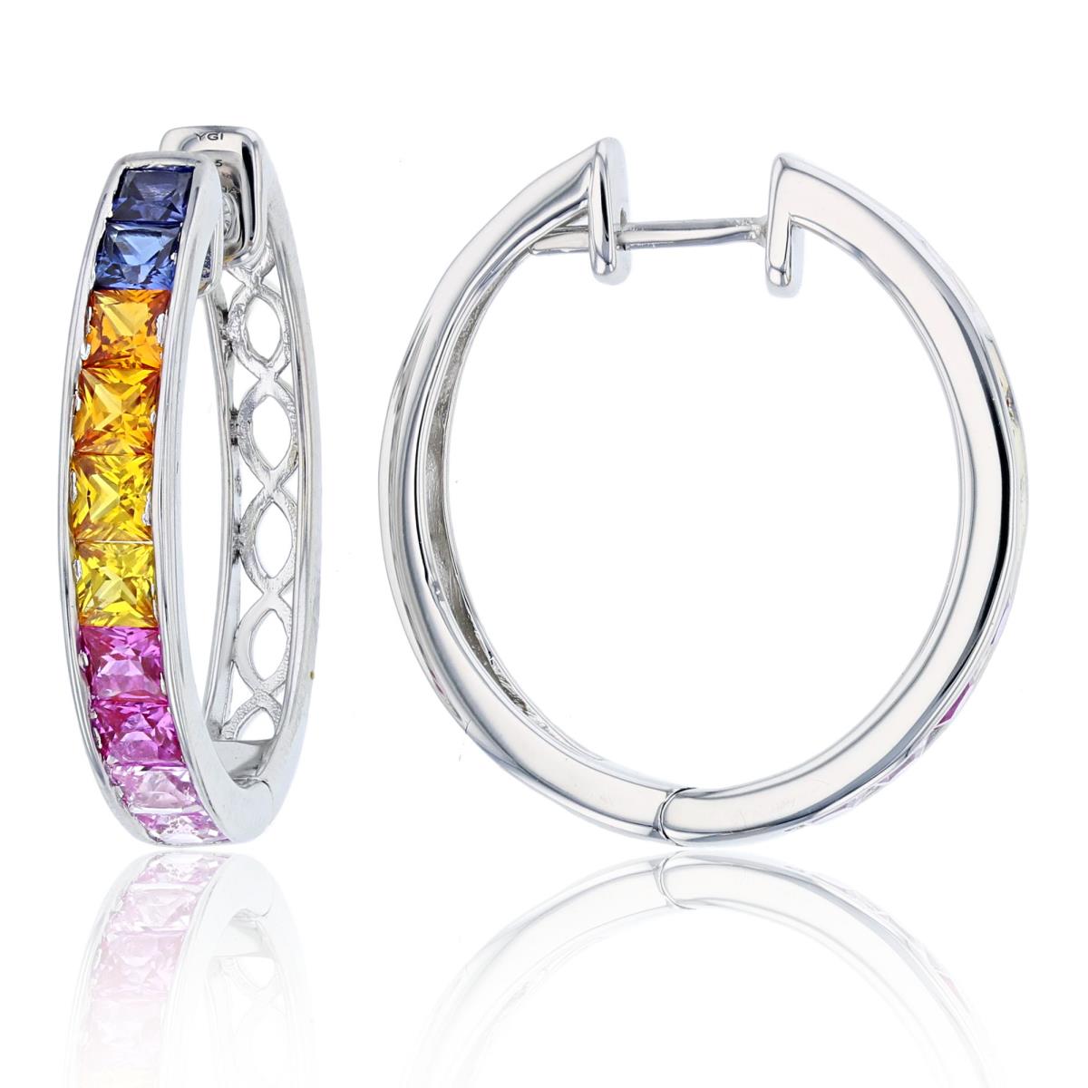 Sterling Silver Rhodium 3mm SQ Cr.Multicolor Sapphire Channel 25X4.5mm Hoop Earring