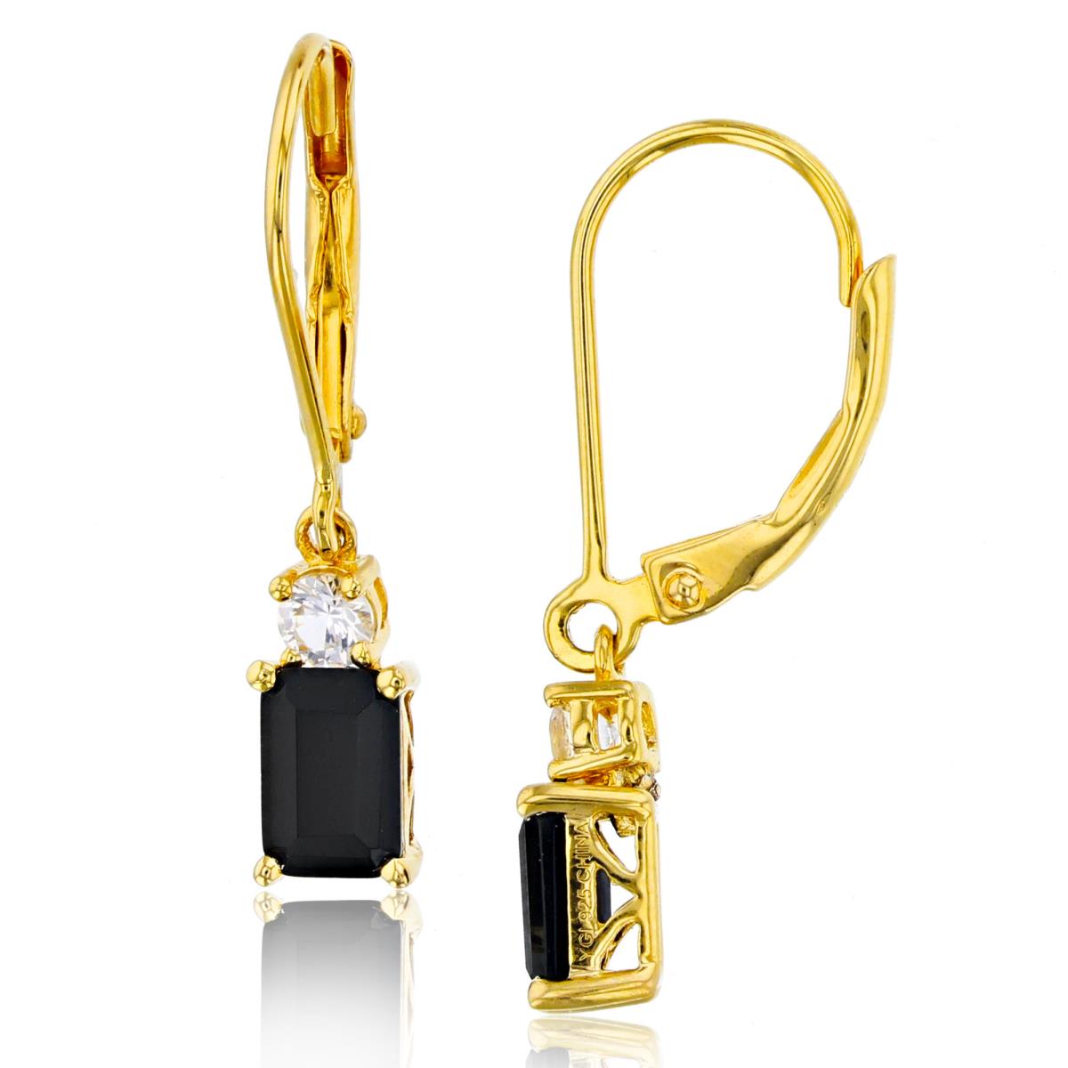 Silver Sterling+1Micron 14K Yellow Gold 6x4mm Oct Onyx & 3mm Rnd White Topaz Lever Back Earrings