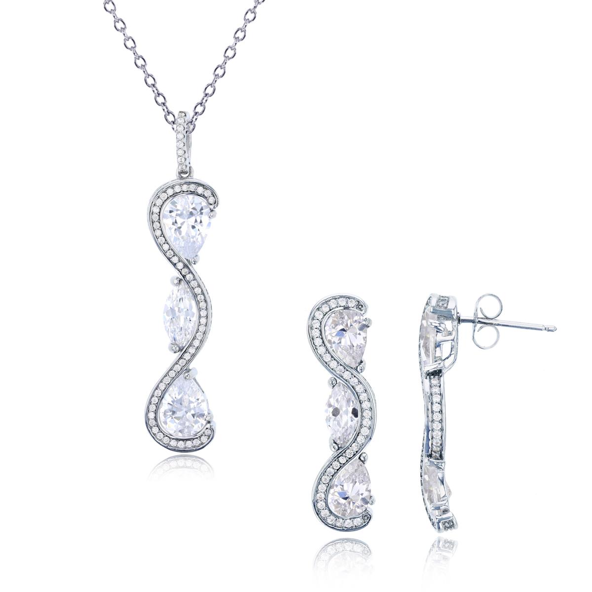 Sterling Silver Rhodium MQ/PS/Rnd White CZ Swirl 18" Necklace & Earring Set
