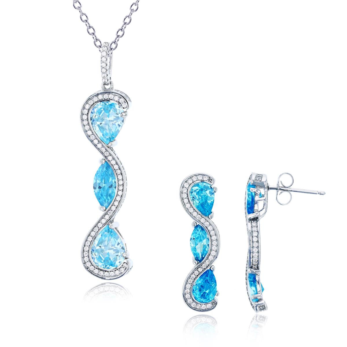 Sterling Silver Rhodium MQ/PS/Rnd Swiss Blue & White CZ Swirl 18" Necklace & Earring Set