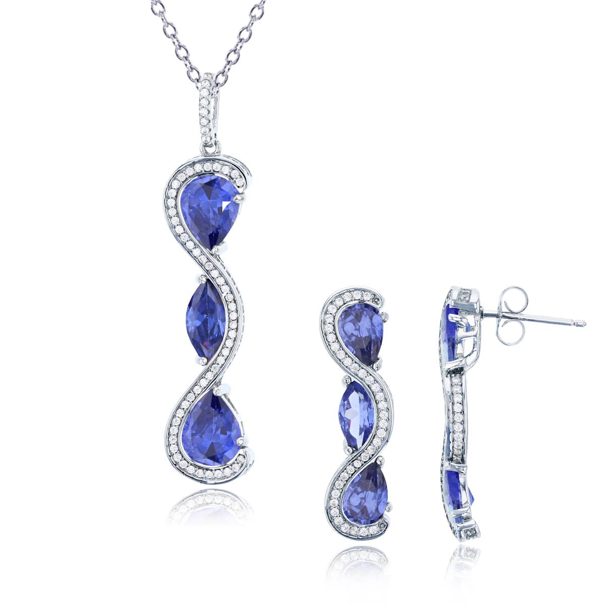 Sterling Silver Rhodium MQ/PS/Rnd Tanzanite & White CZ Swirl 18" Necklace & Earring Set