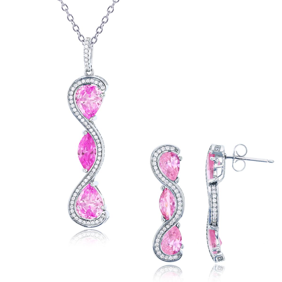 Sterling Silver Rhodium MQ/PS/Rnd Pink & White CZ Swirl 18" Necklace & Earring Set