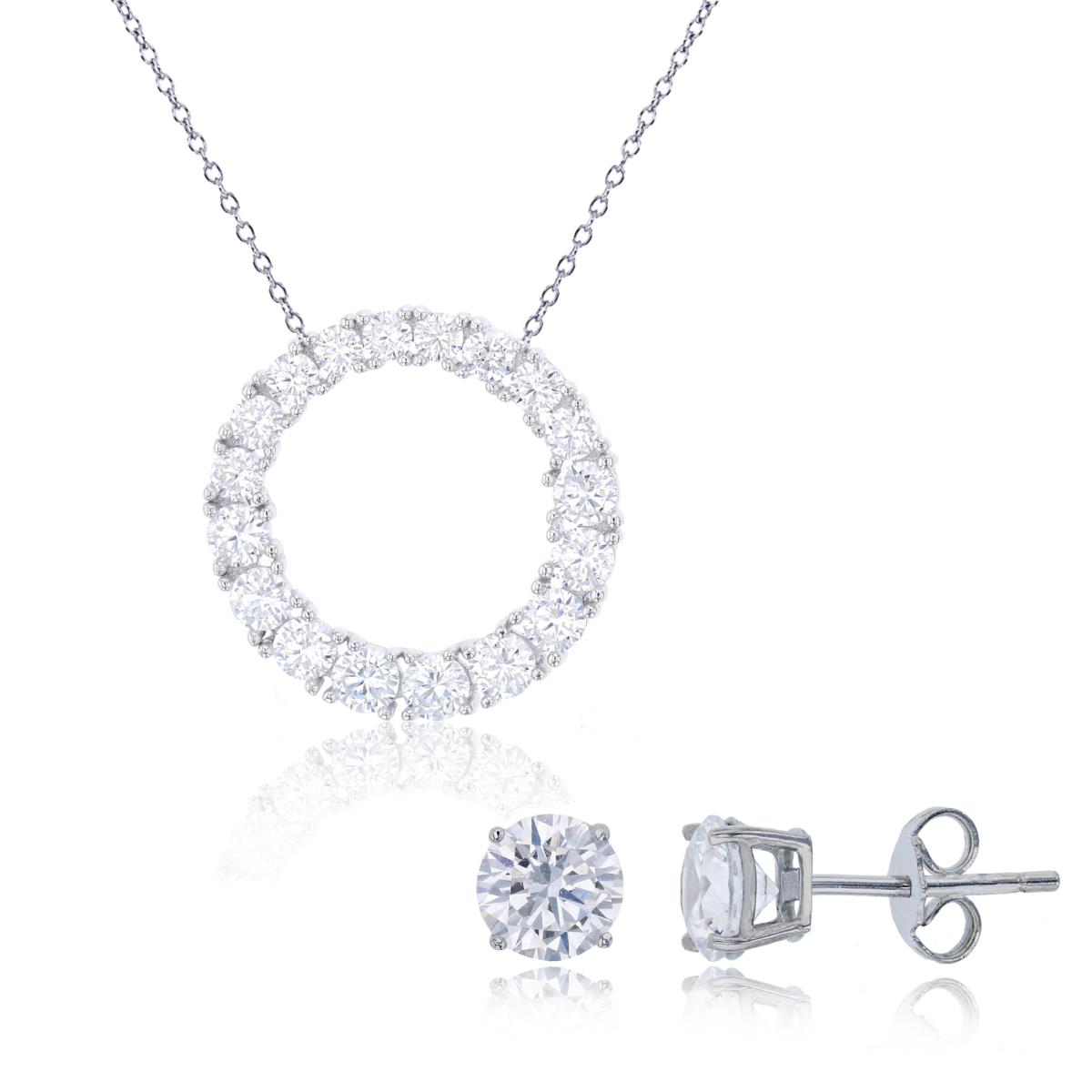 Sterling Silver Rhodium Grad CZ Open Circle 18" Necklace & 6mm Rd Solitaire Stud Earring Set