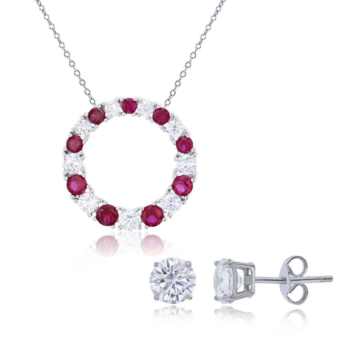 Sterling Silver Rhodium Grad CZ #8 Ruby & White Open Circle 18" Necklace & 6mm Rd Solitaire Stud Earring Set