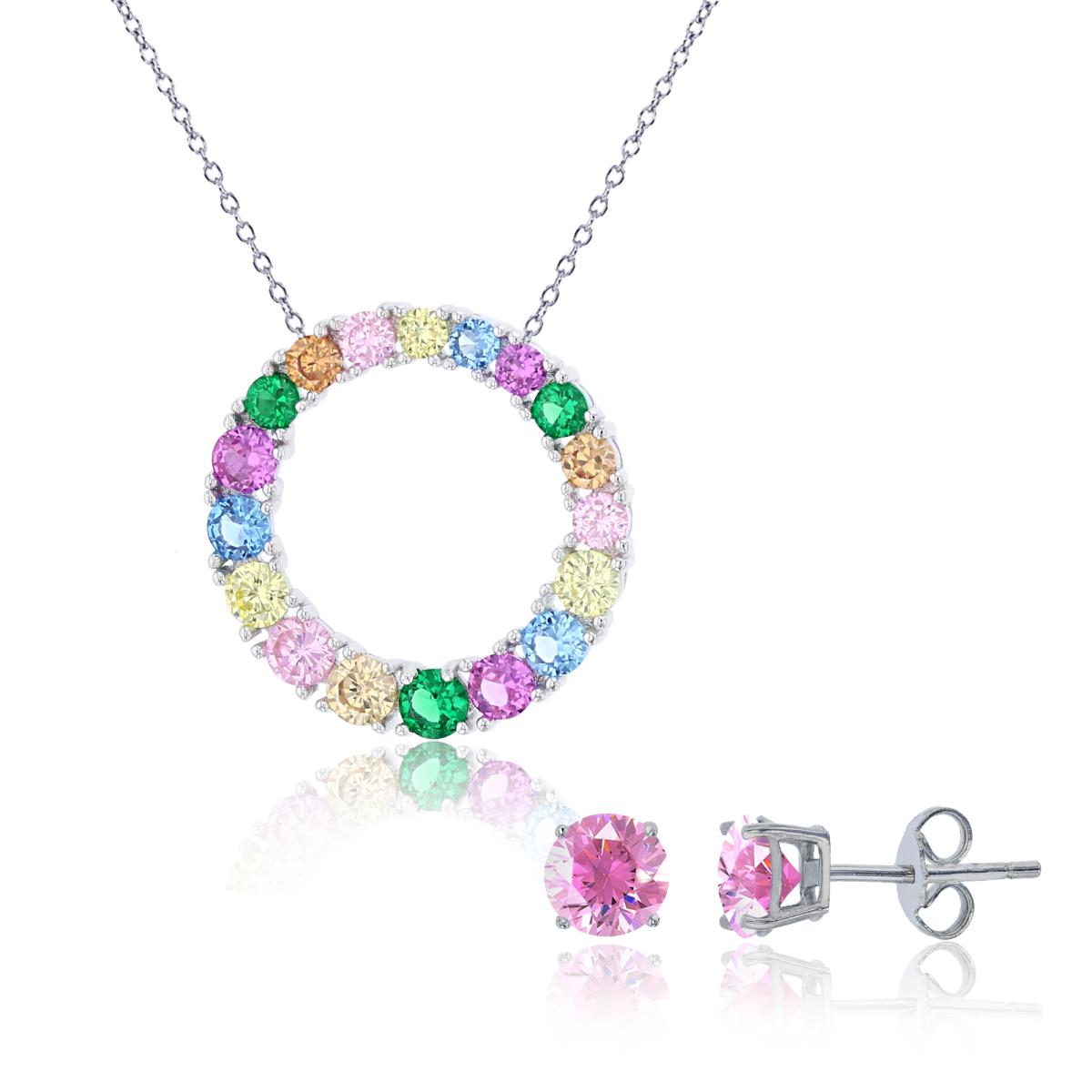 Sterling Silver Rhodium Grad CZ Multicolor Open Circle 18" Necklace & 6mm Pink Rd Solitaire Stud Earring Set