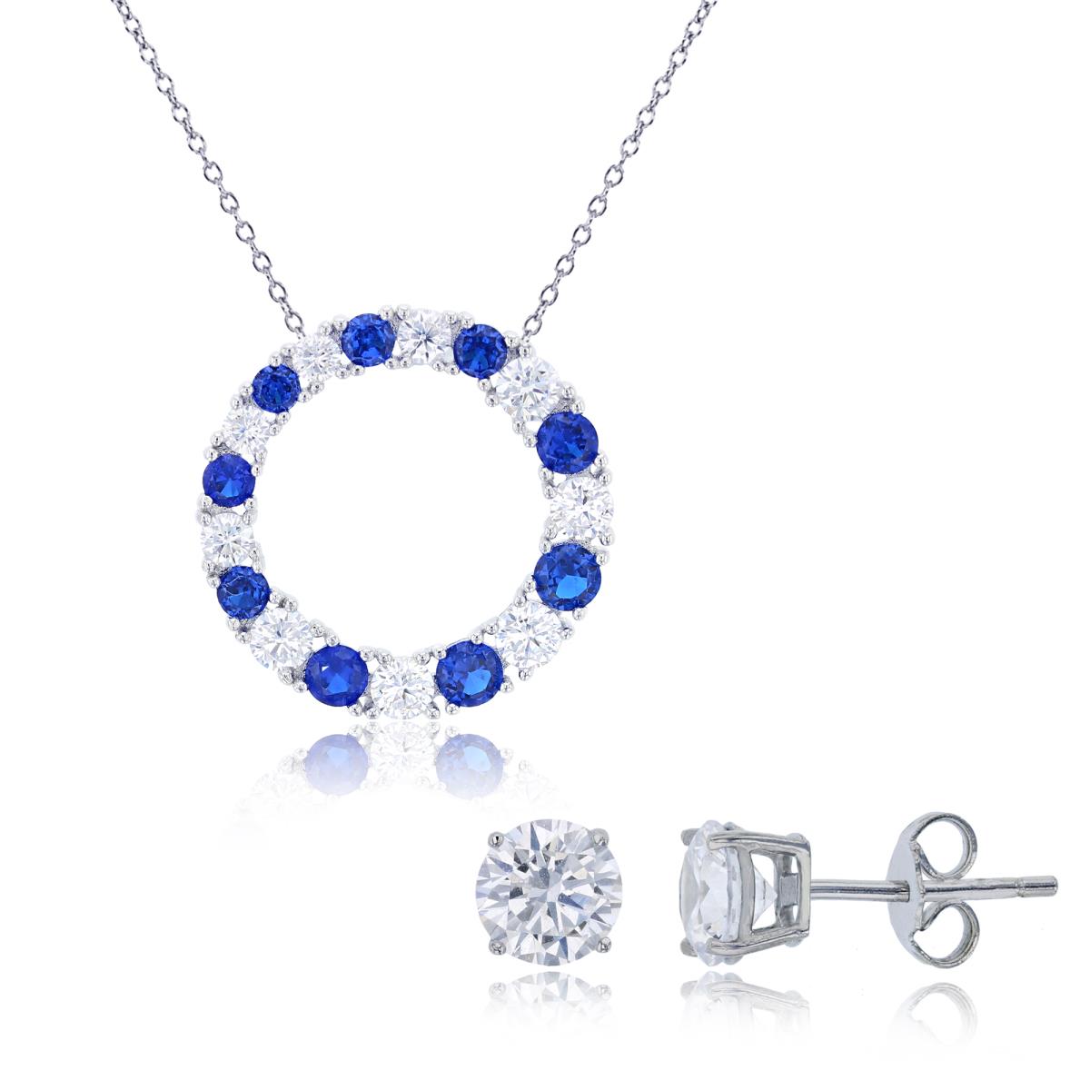 Sterling Silver Rhodium Grad CZ #113 Blue & White Open Circle 18" Necklace & 6mm Pink Rd Solitaire Stud Earring Set
