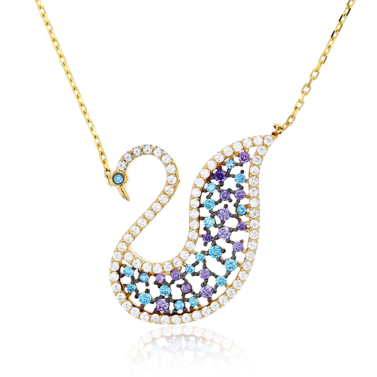 14K Yellow Gold Rnd Multicolor CZ Swan 17.5"Necklace